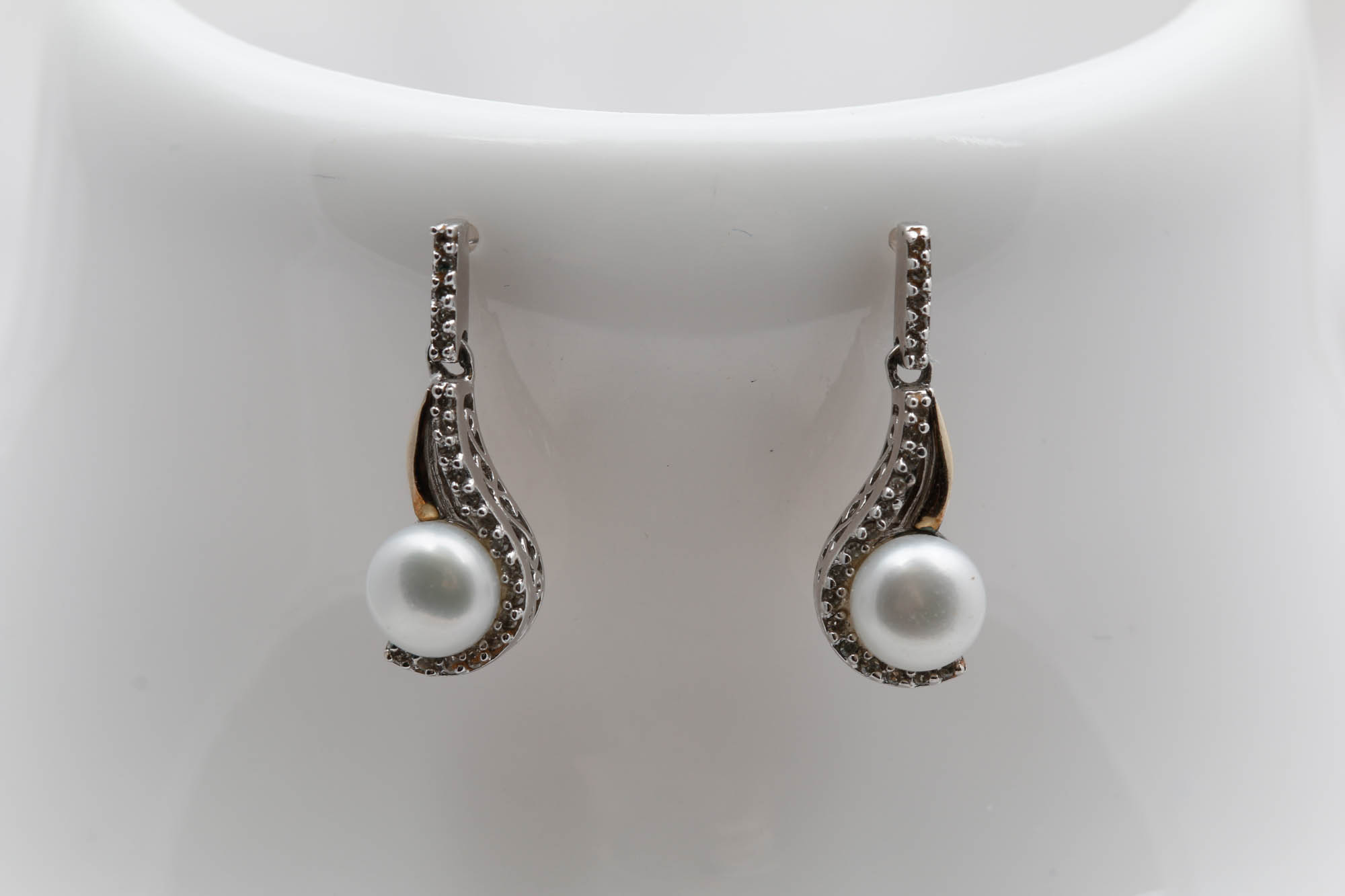 Sterling Silver 14K Gold Accented Pearl and Diamond Earrings