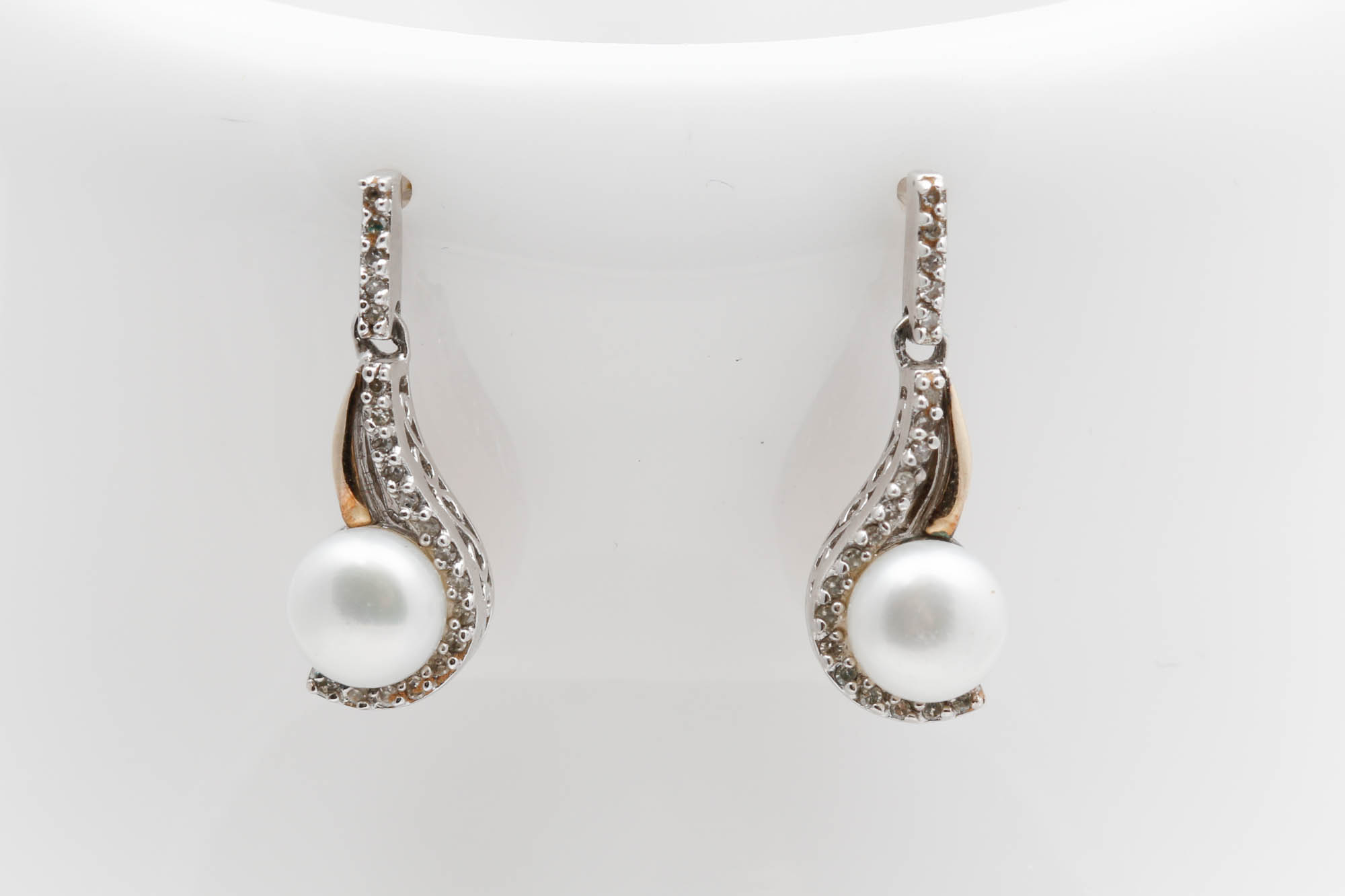 Sterling Silver 14K Gold Accented Pearl and Diamond Earrings