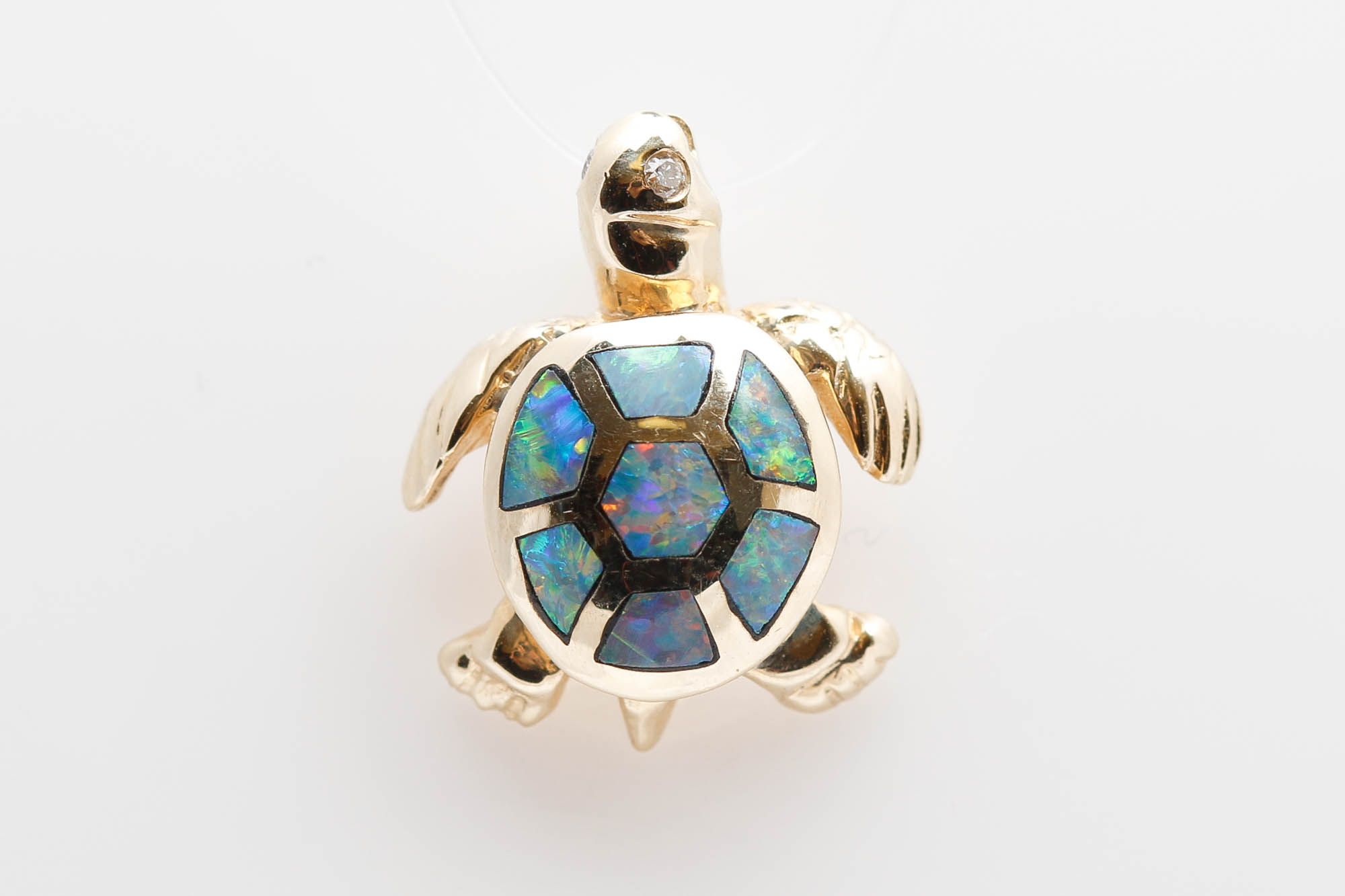 14K Yellow Gold Opal and Diamond Turtle Pendant