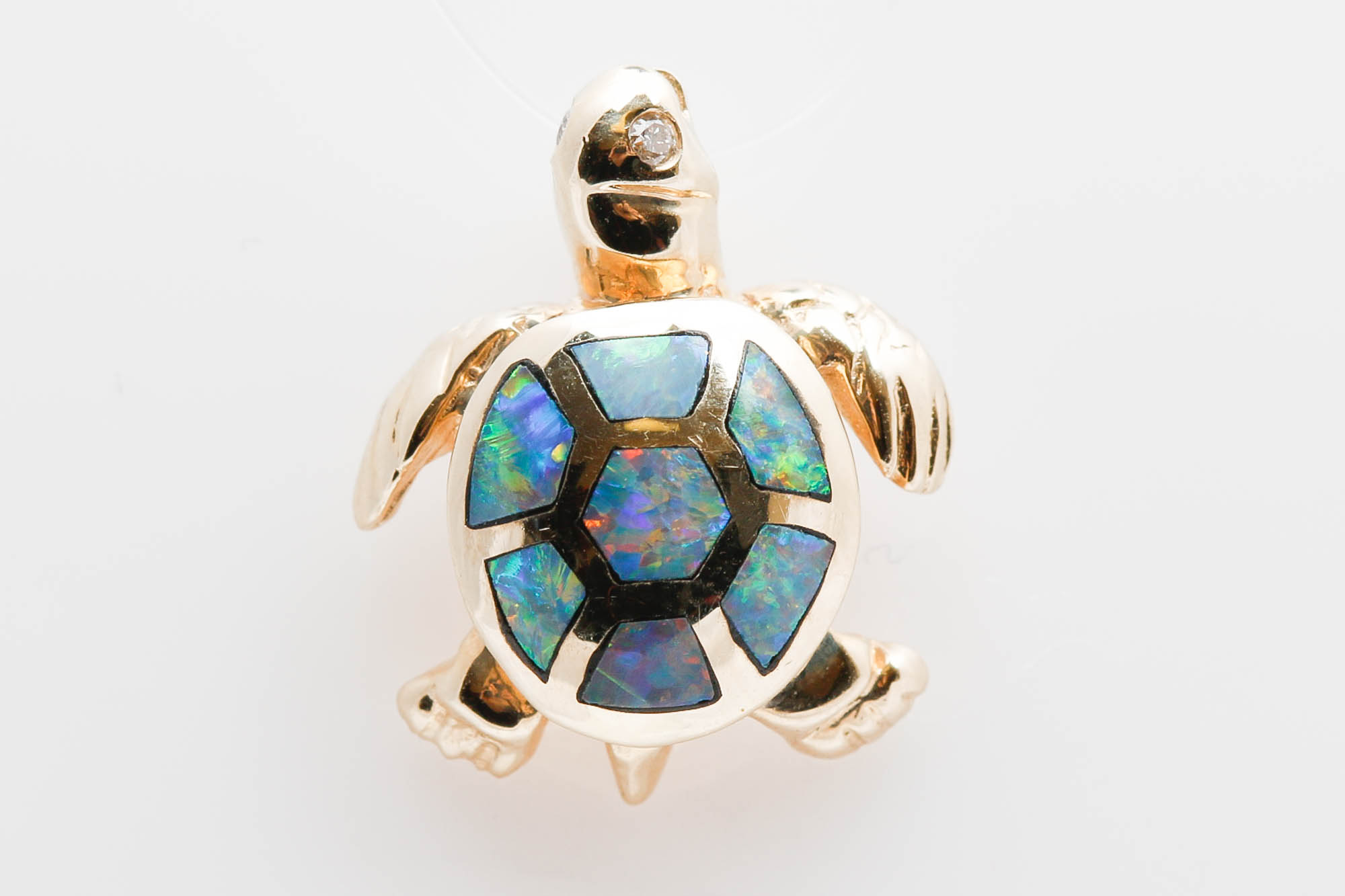 14K Yellow Gold Opal and Diamond Turtle Pendant