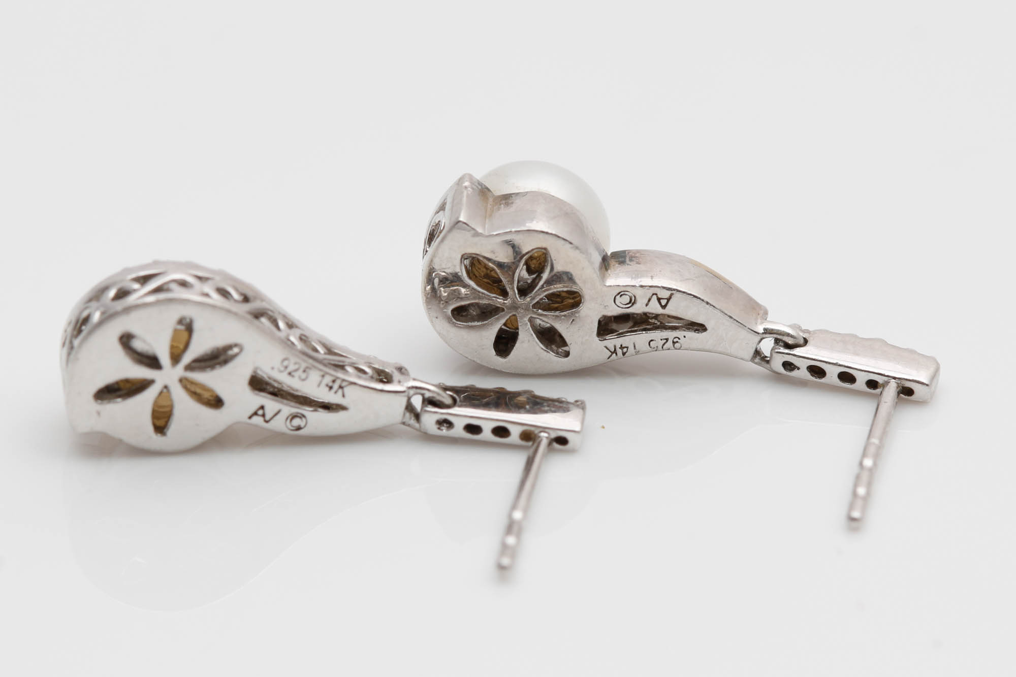 Sterling Silver 14K Gold Accented Pearl and Diamond Earrings