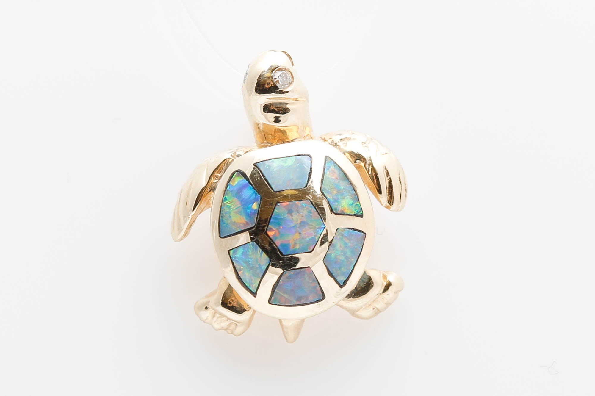 14K Yellow Gold Opal and Diamond Turtle Pendant