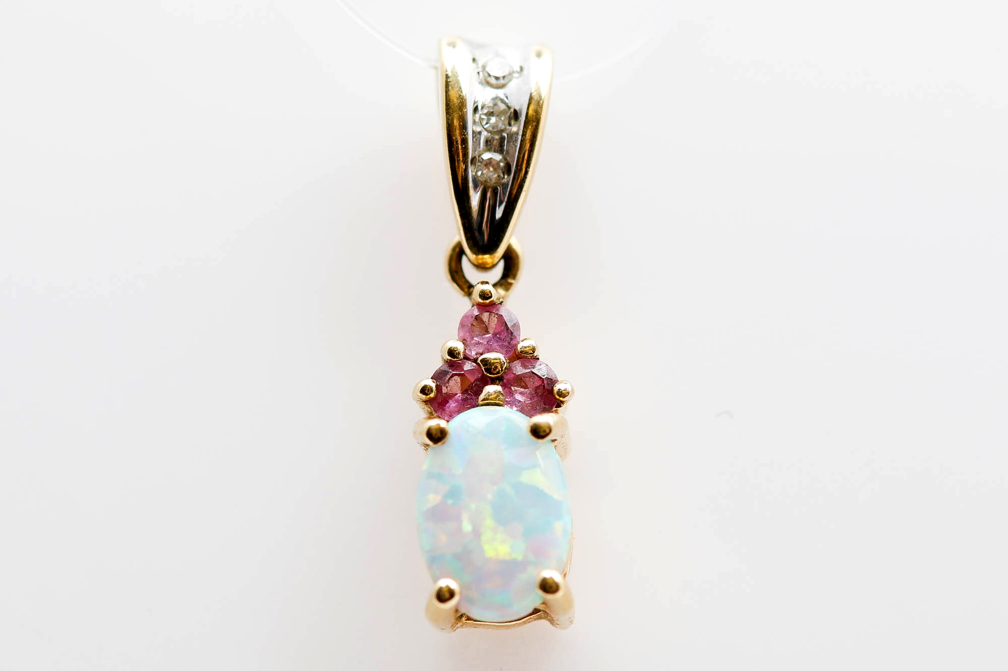 10K Yellow Gold Synthetic Opal, Pink Topaz, and Diamond Pendant