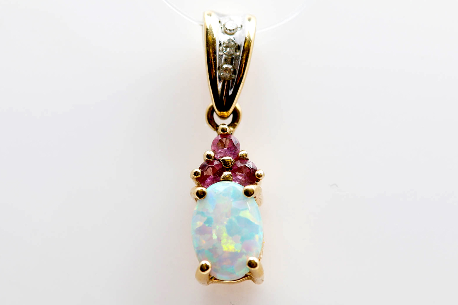10K Yellow Gold Synthetic Opal, Pink Topaz, and Diamond Pendant