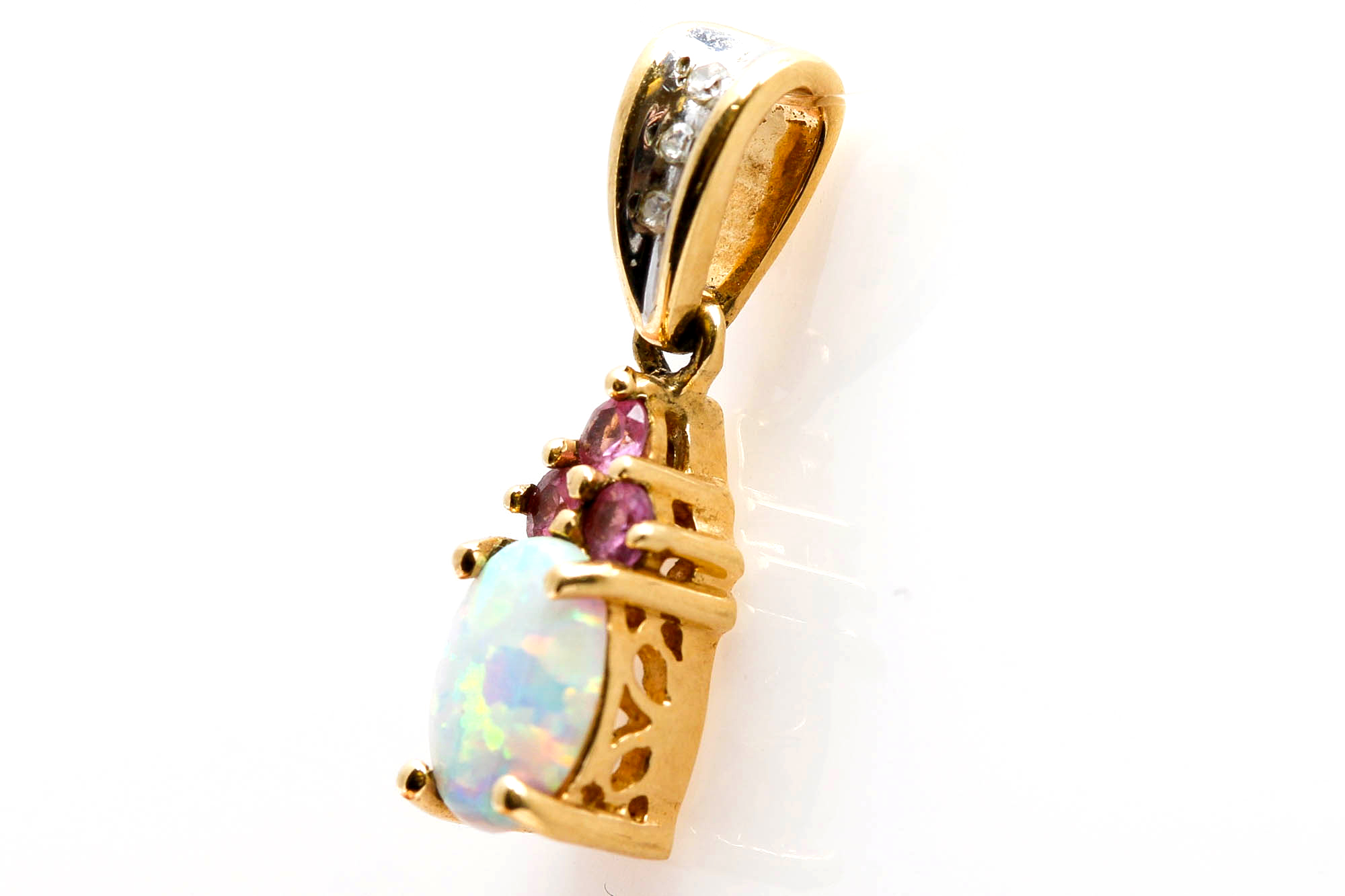 10K Yellow Gold Synthetic Opal, Pink Topaz, and Diamond Pendant
