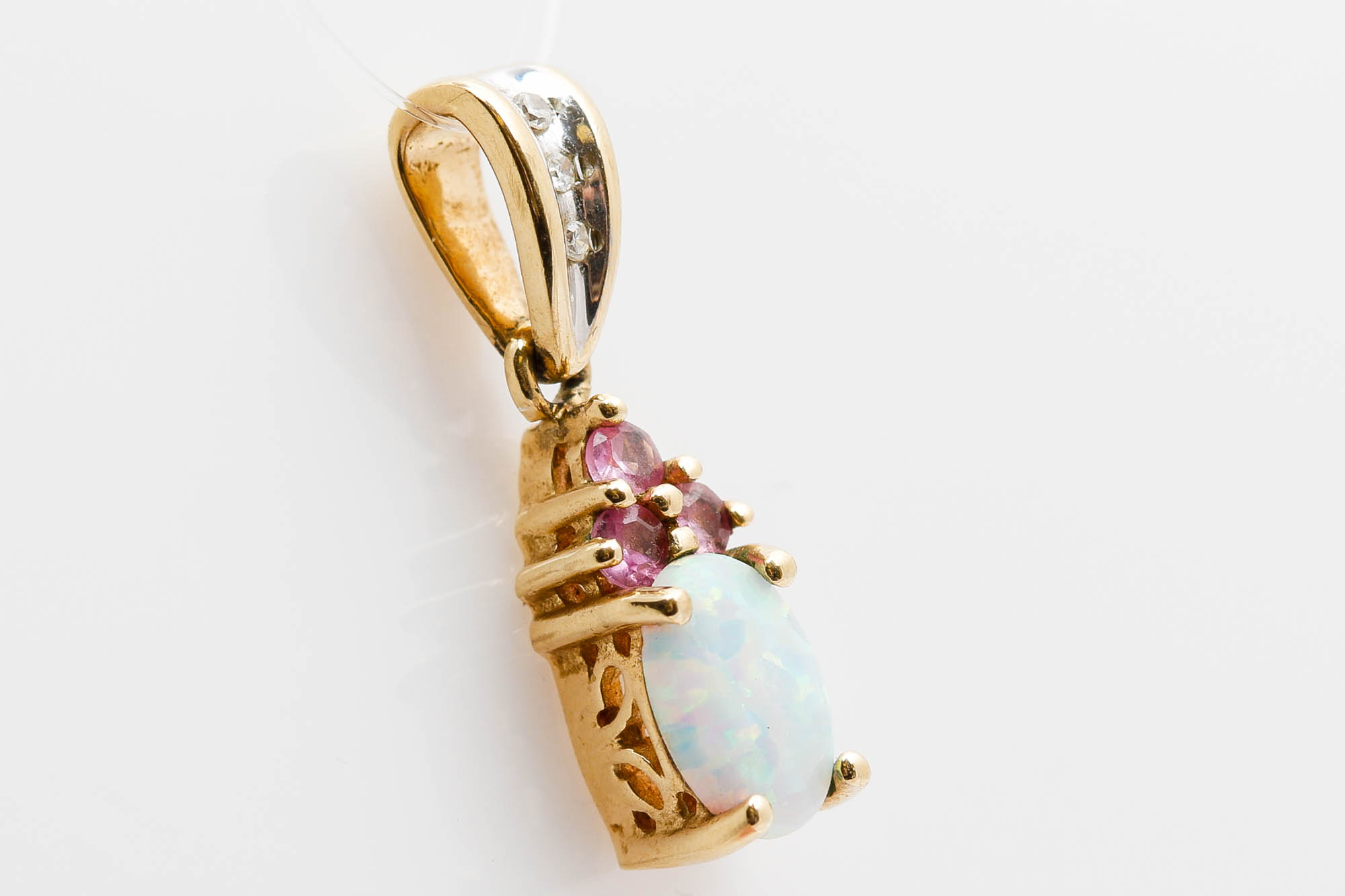 10K Yellow Gold Synthetic Opal, Pink Topaz, and Diamond Pendant