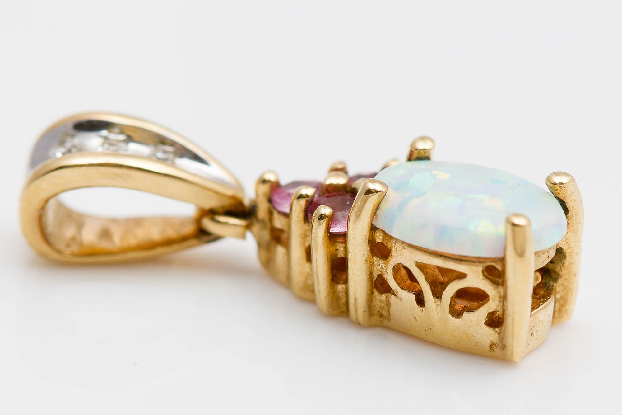 10K Yellow Gold Synthetic Opal, Pink Topaz, and Diamond Pendant