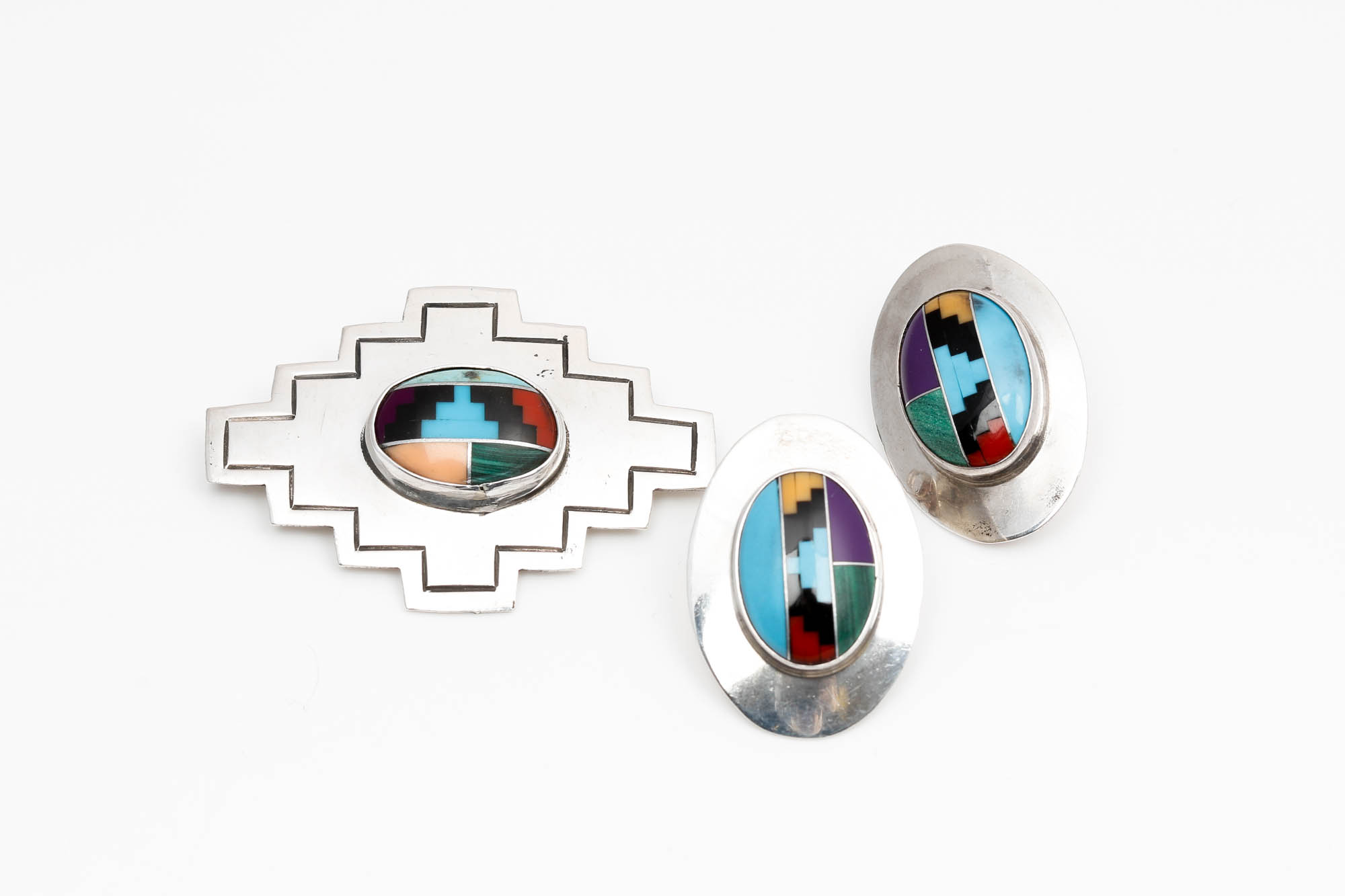 Timm Lewis Sterling Silver Stone Brooch and SE Earrings