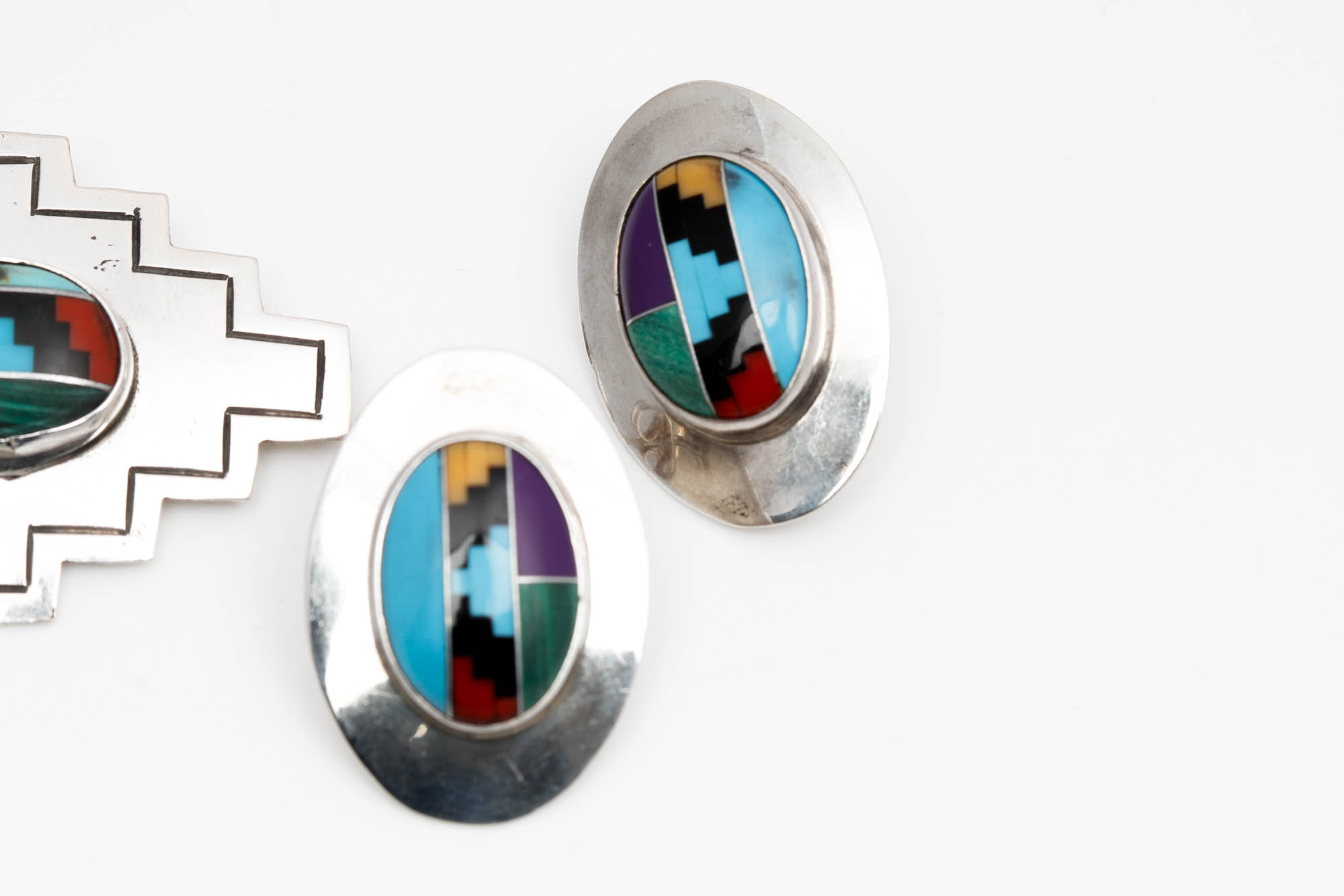 Timm Lewis Sterling Silver Stone Brooch and SE Earrings