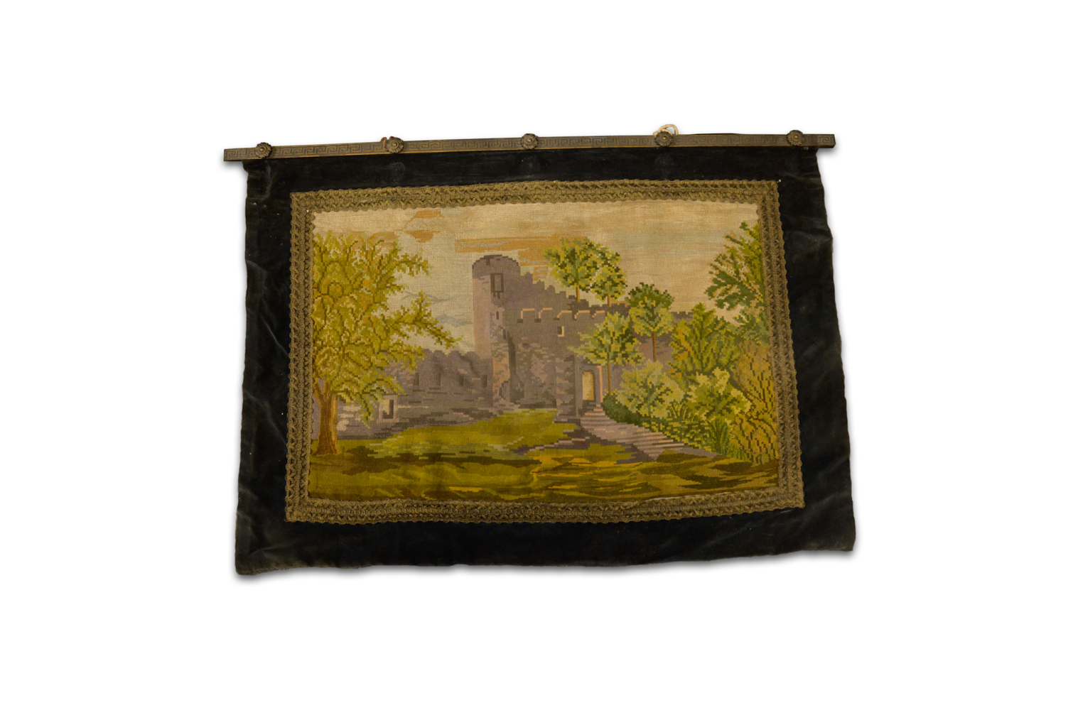Needlepoint and Velvet Wall Tapestry of Castle