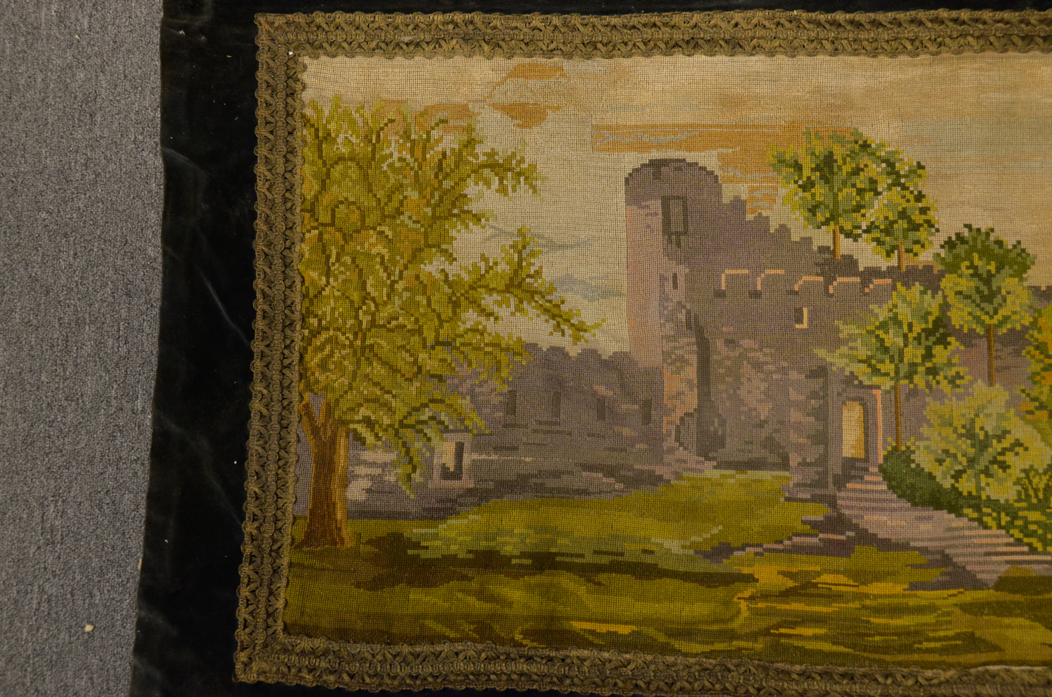 Needlepoint and Velvet Wall Tapestry of Castle