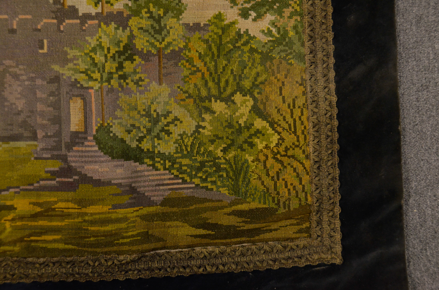 Needlepoint and Velvet Wall Tapestry of Castle