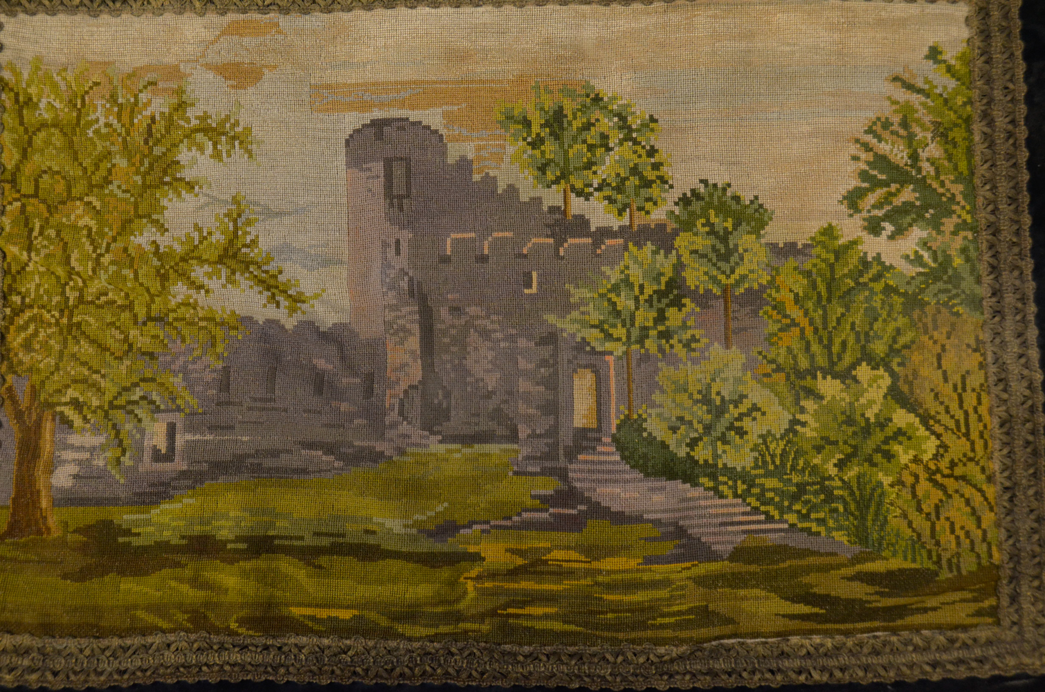 Needlepoint and Velvet Wall Tapestry of Castle
