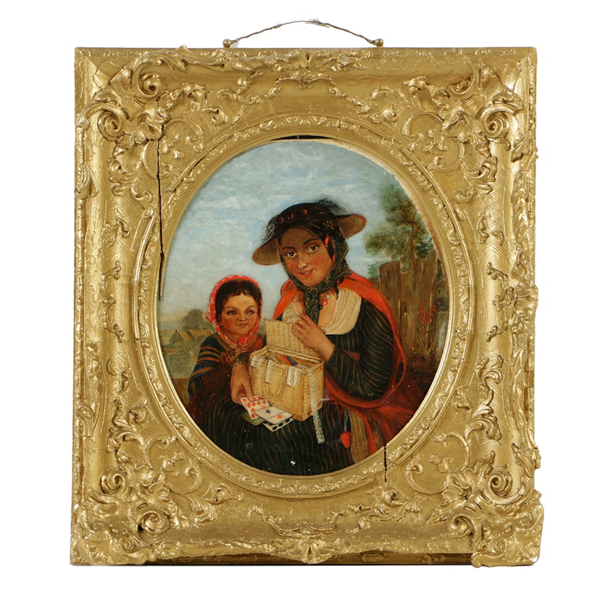 Mid 19th-Century Oil Painting on Board of Woman and Child