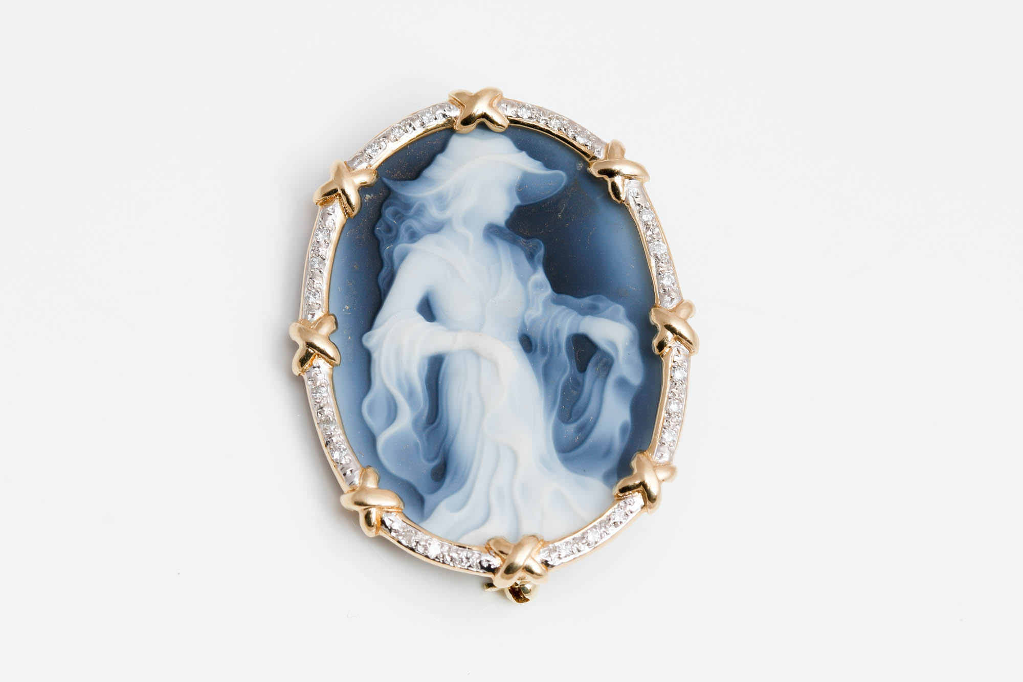 14K Yellow Gold Black Onyx Cameo and Diamond Brooch