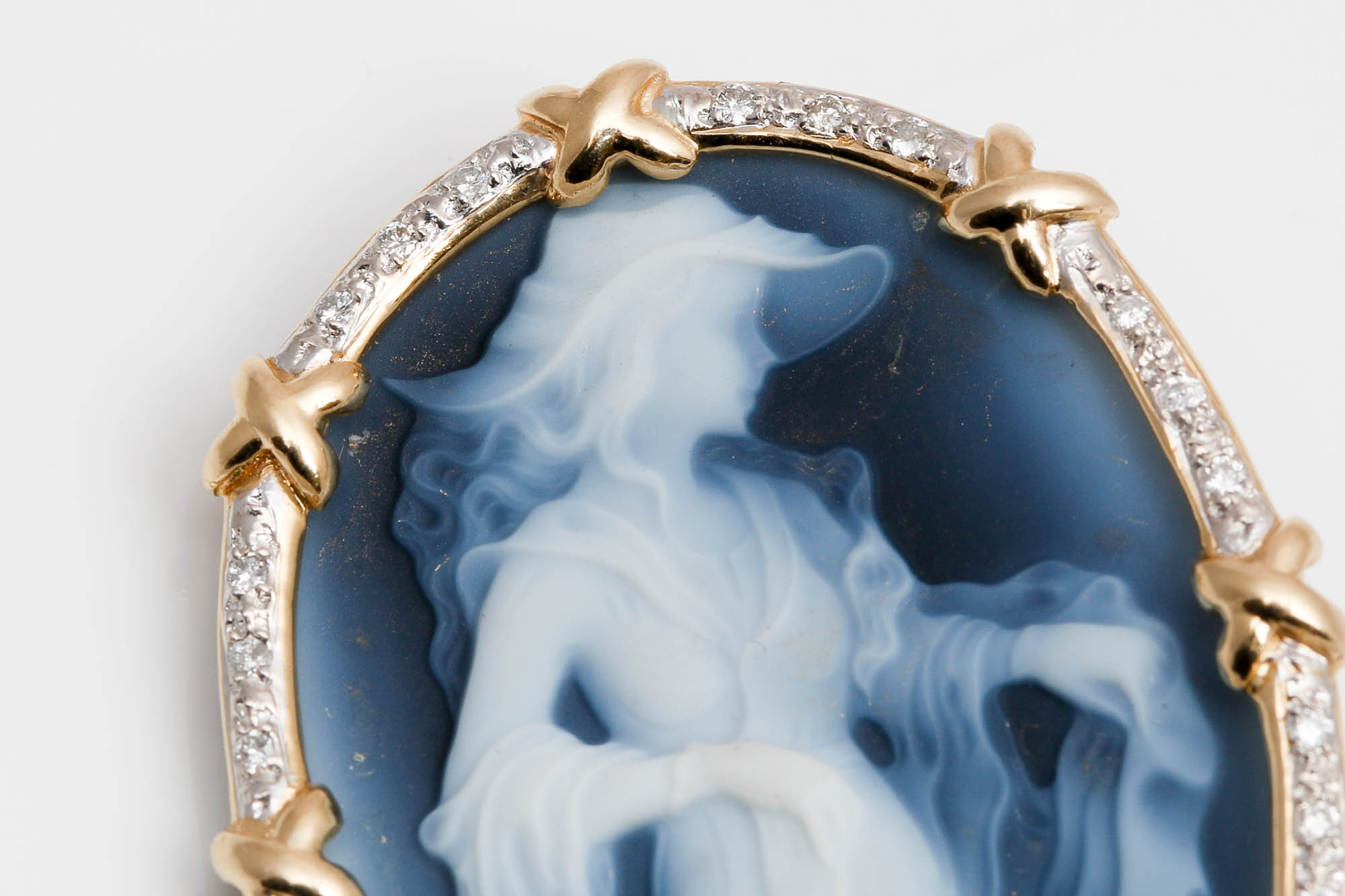 14K Yellow Gold Black Onyx Cameo and Diamond Brooch