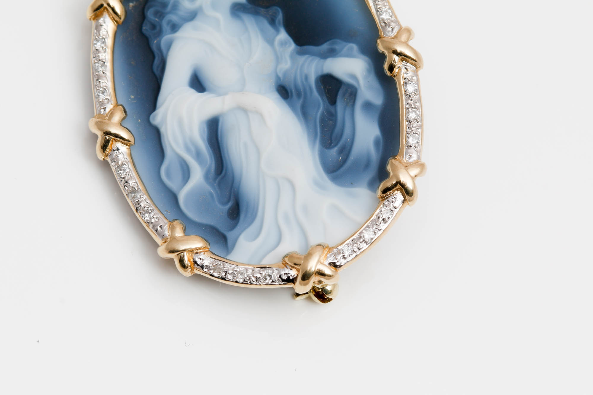 14K Yellow Gold Black Onyx Cameo and Diamond Brooch