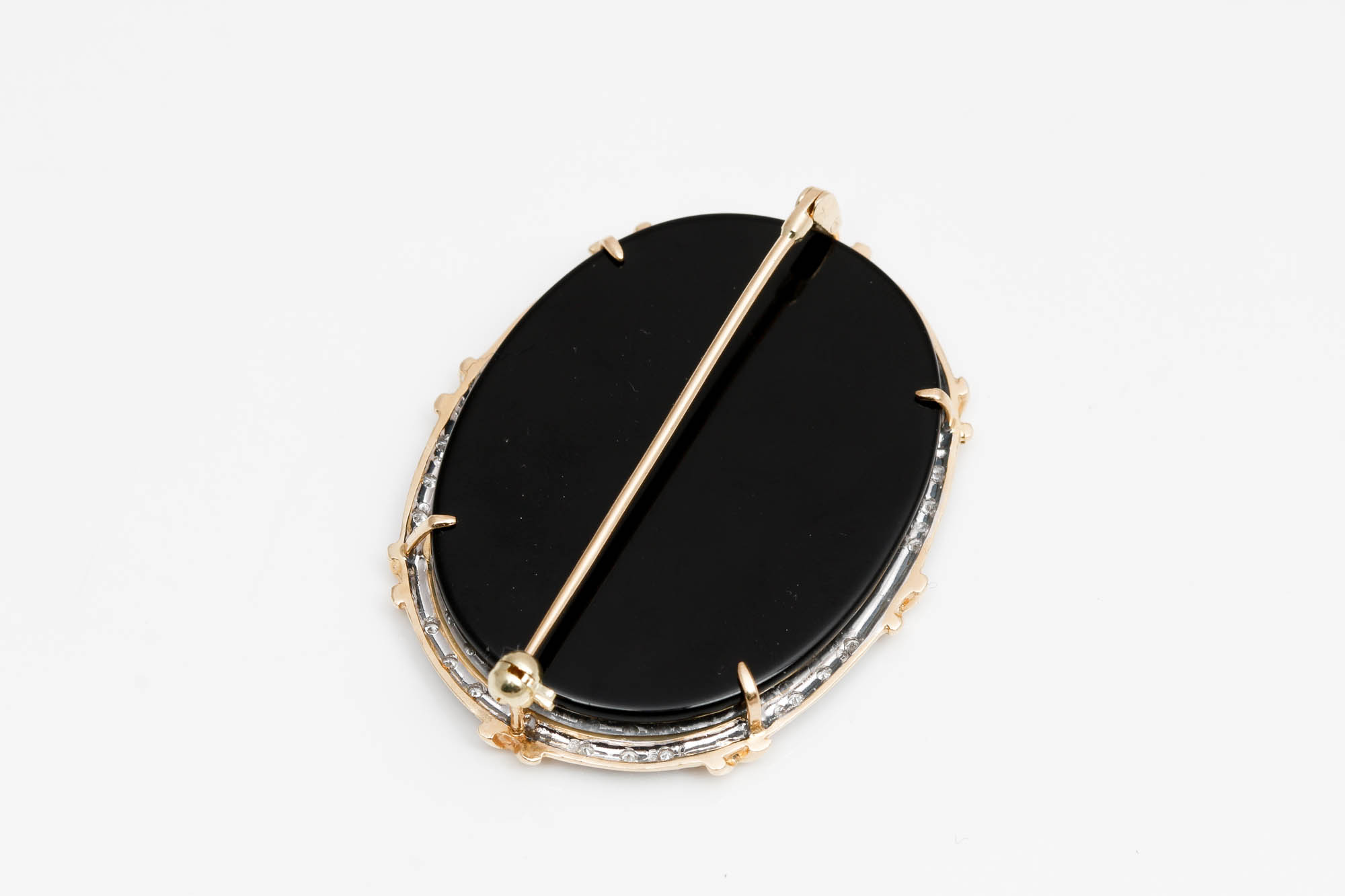14K Yellow Gold Black Onyx Cameo and Diamond Brooch