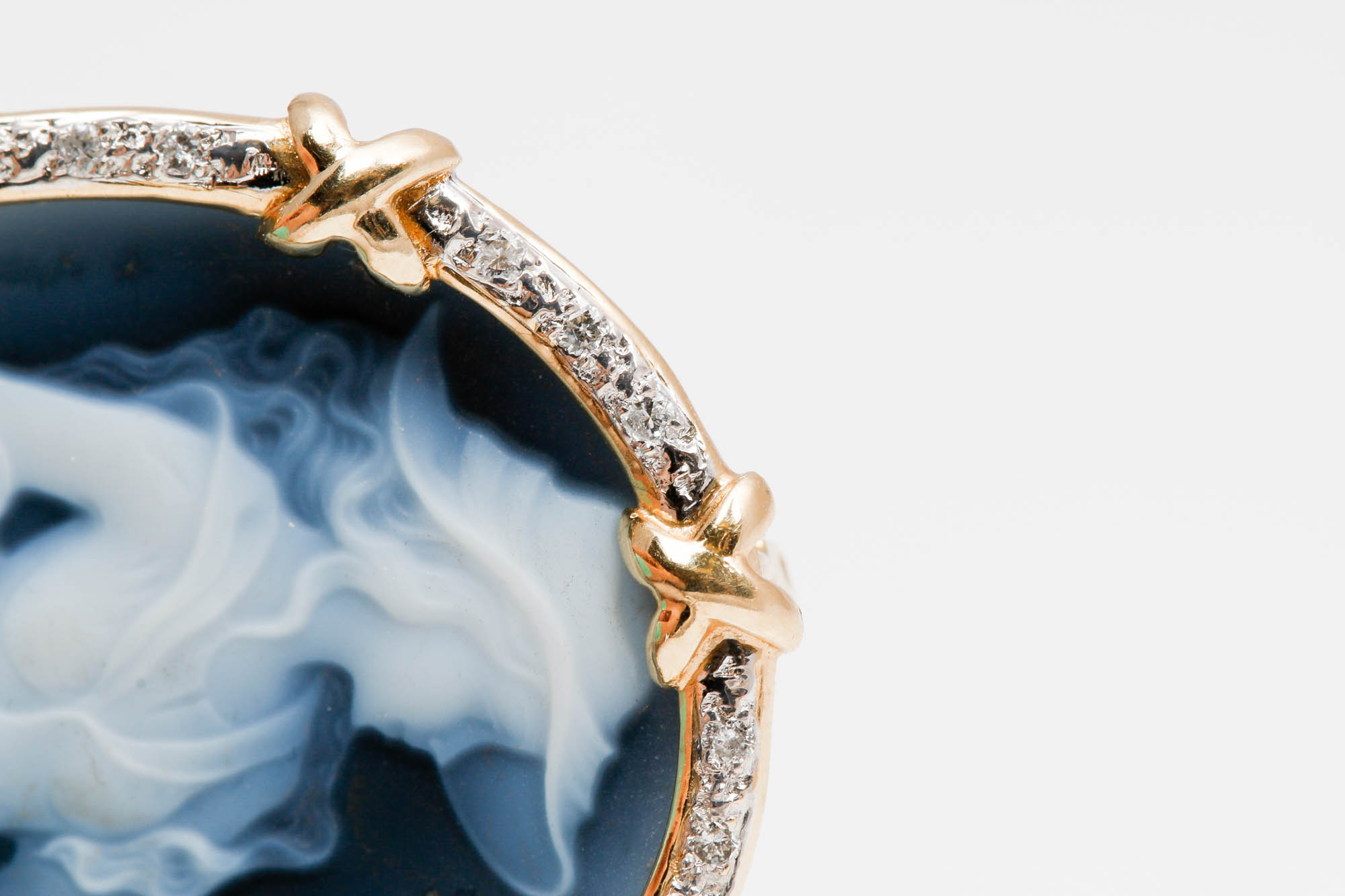 14K Yellow Gold Black Onyx Cameo and Diamond Brooch