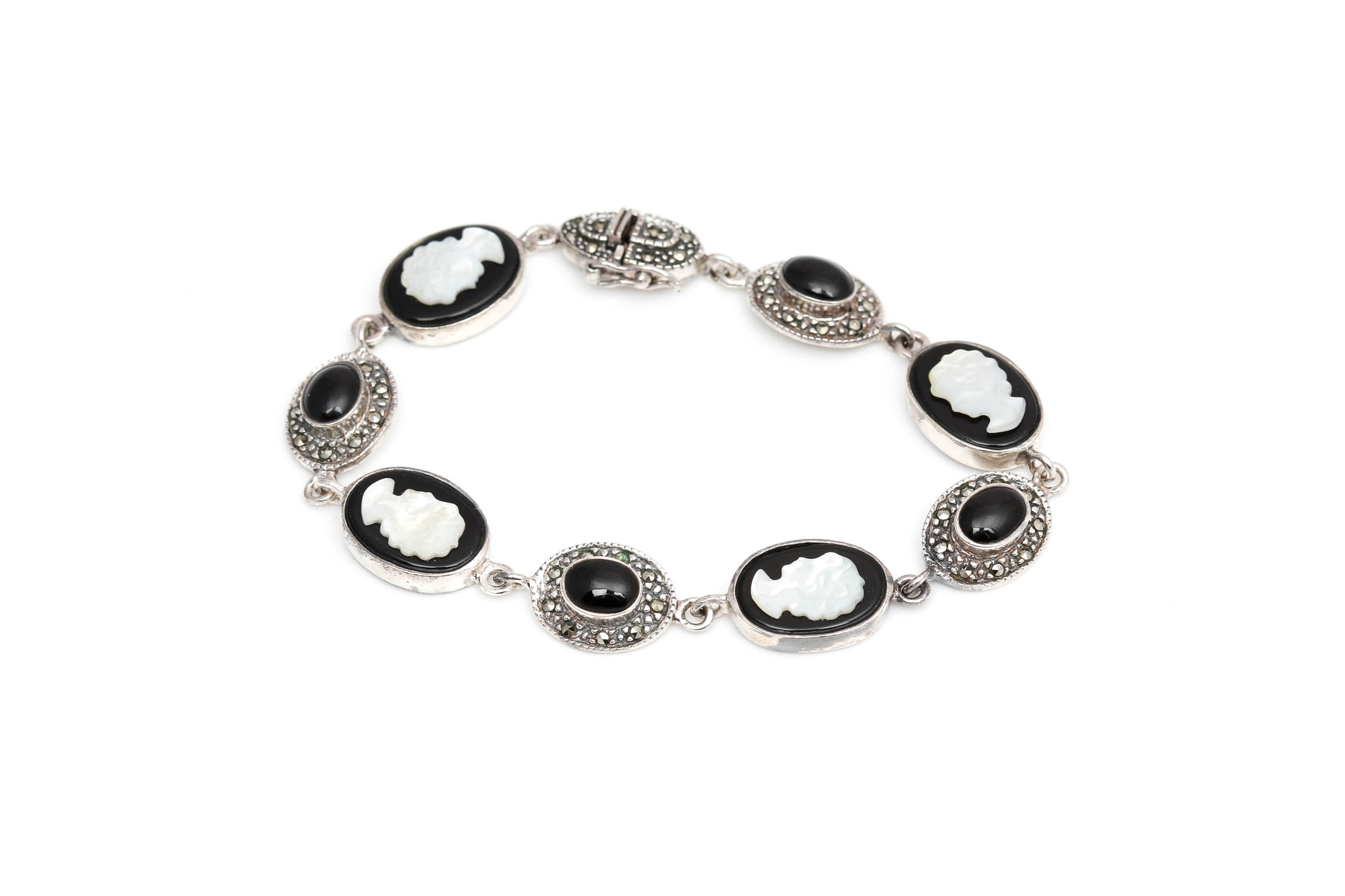 Sterling Silver Black Onyx, Mother of Pearl, and Marcasite Bracelet