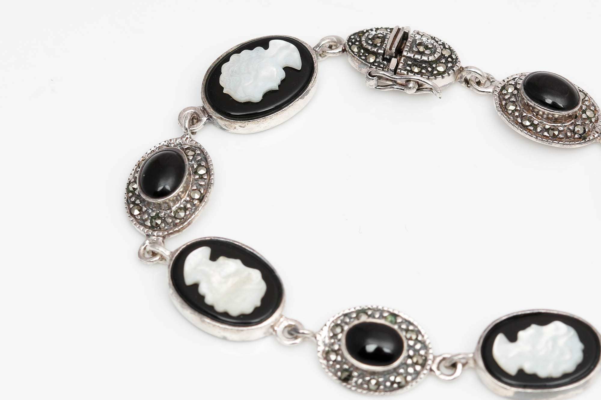 Sterling Silver Black Onyx, Mother of Pearl, and Marcasite Bracelet
