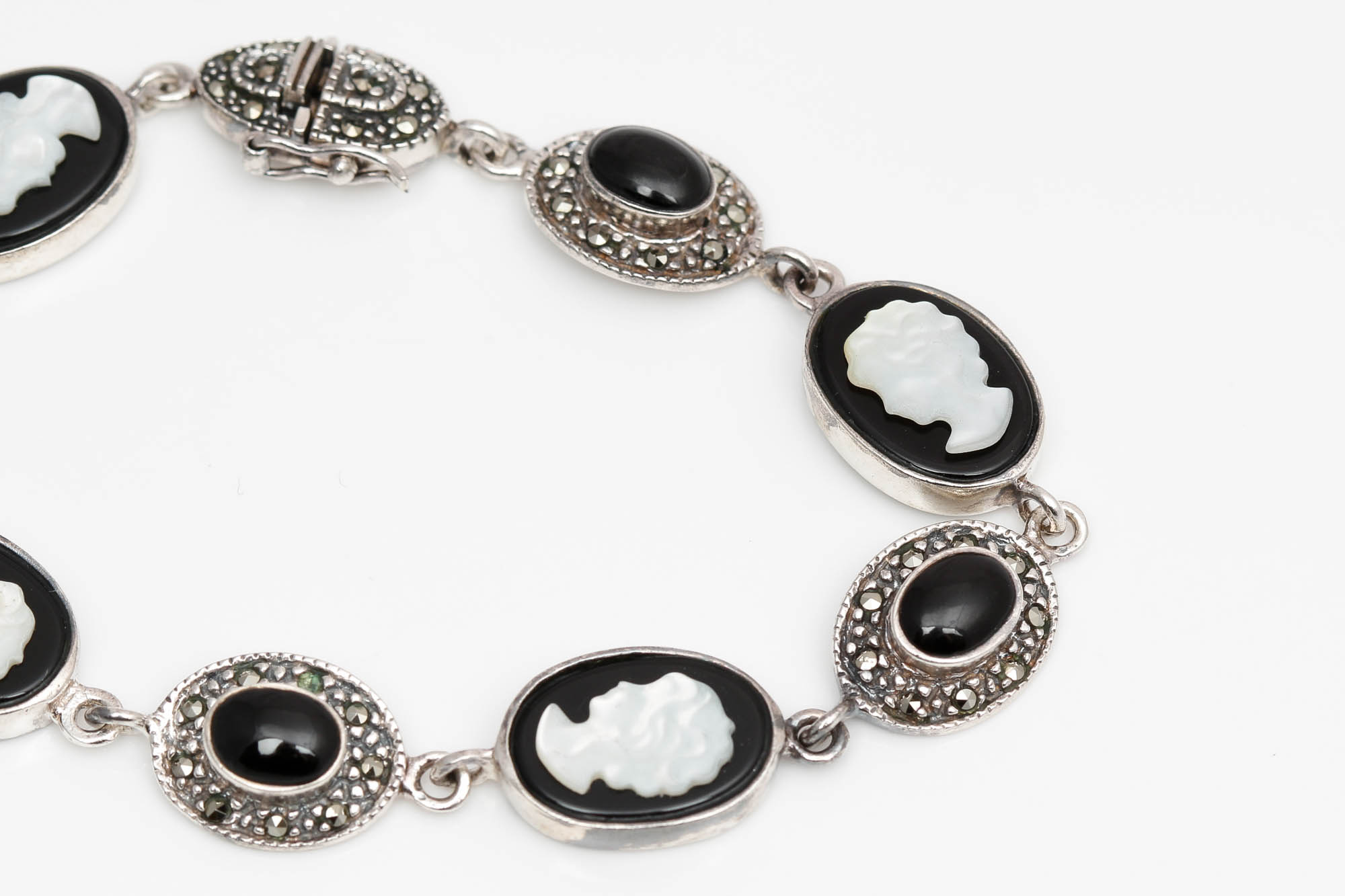 Sterling Silver Black Onyx, Mother of Pearl, and Marcasite Bracelet