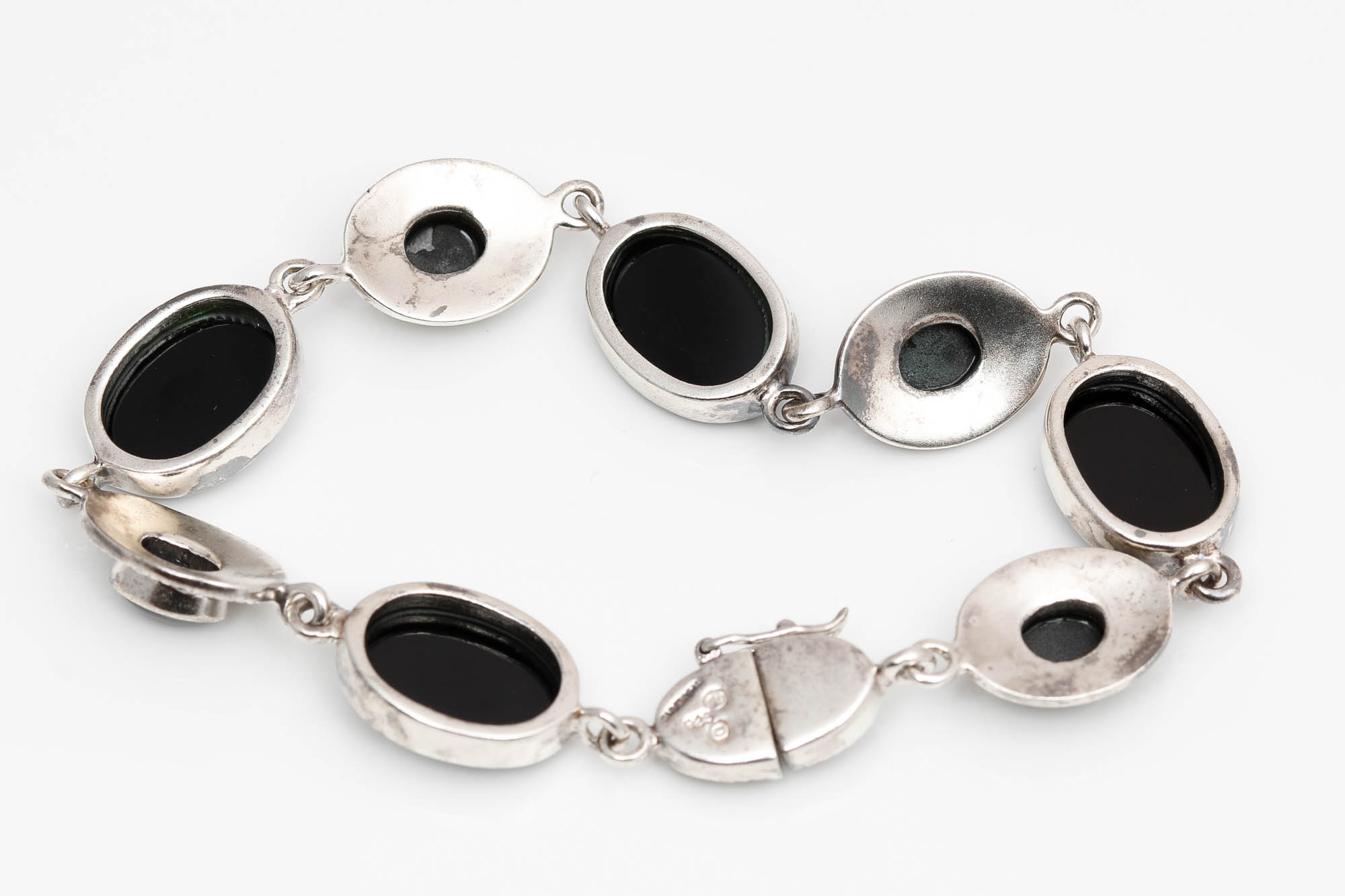 Sterling Silver Black Onyx, Mother of Pearl, and Marcasite Bracelet