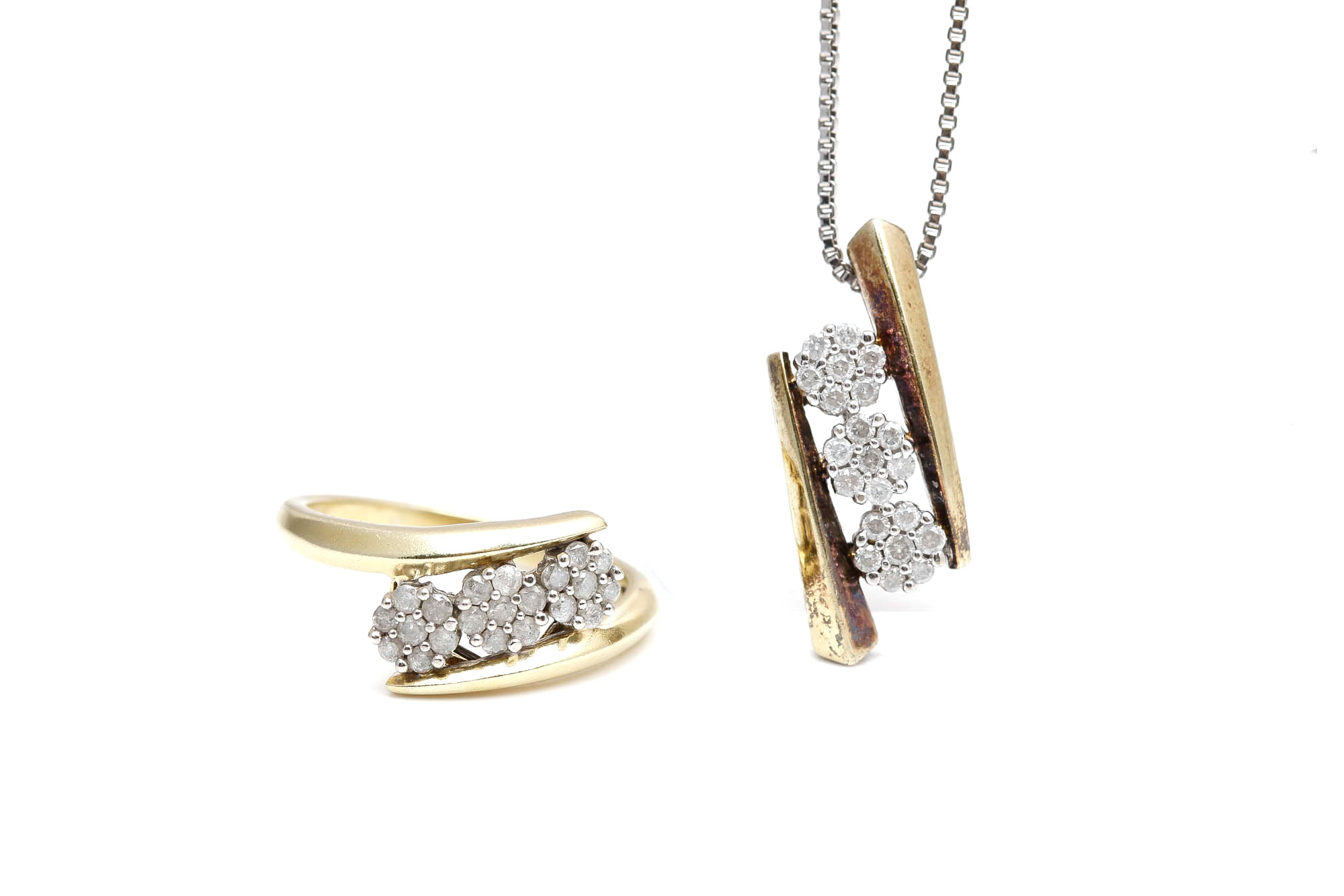 Sterling Silver Diamond Pendant Necklace and Ring