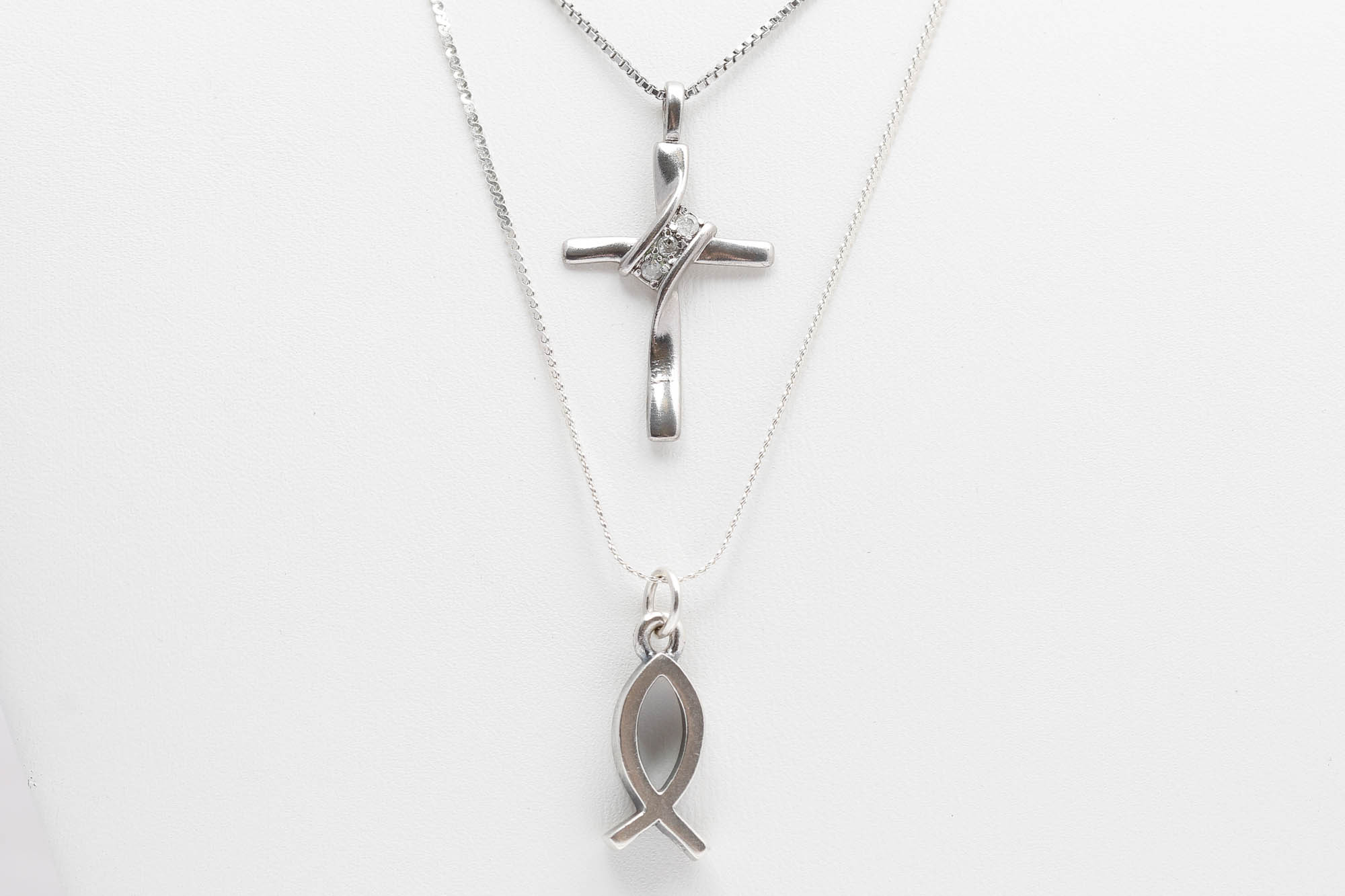 Sterling Silver Diamond Cross and Itchthus Pendant Necklaces