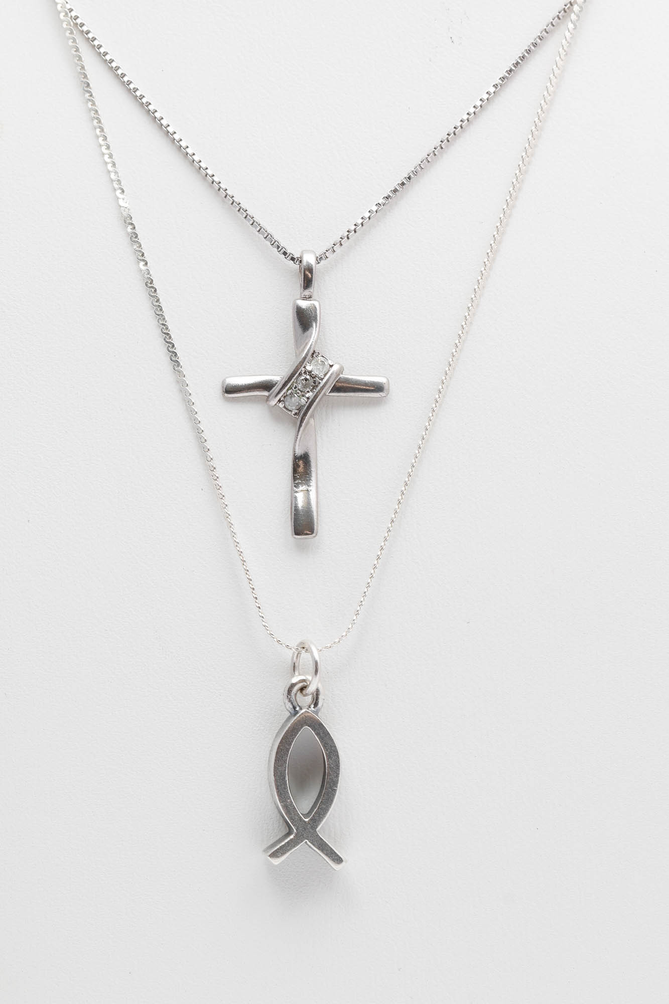 Sterling Silver Diamond Cross and Itchthus Pendant Necklaces