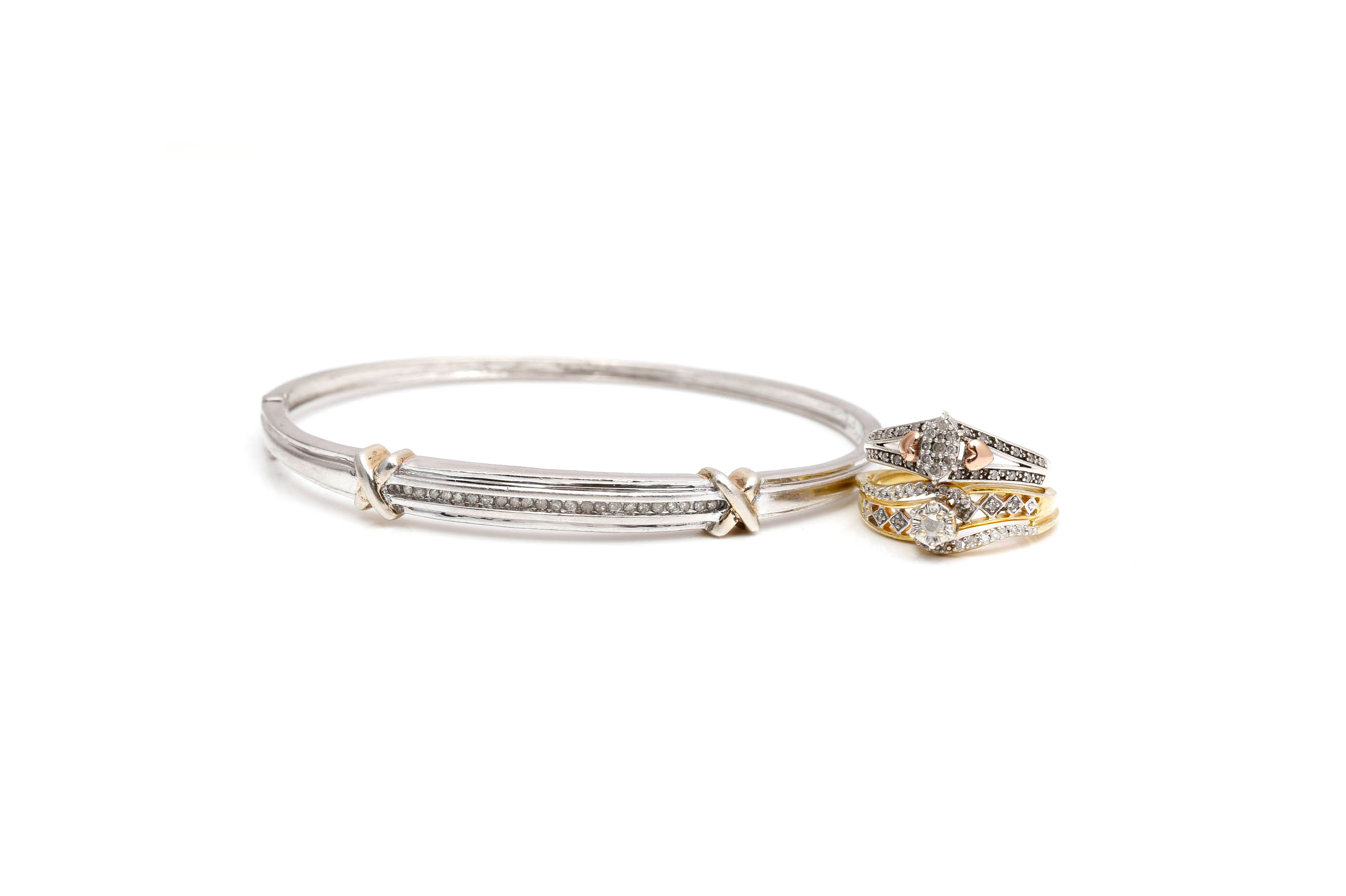 Sterling Silver Vermeil Accented Diamond Rings and Bracelet