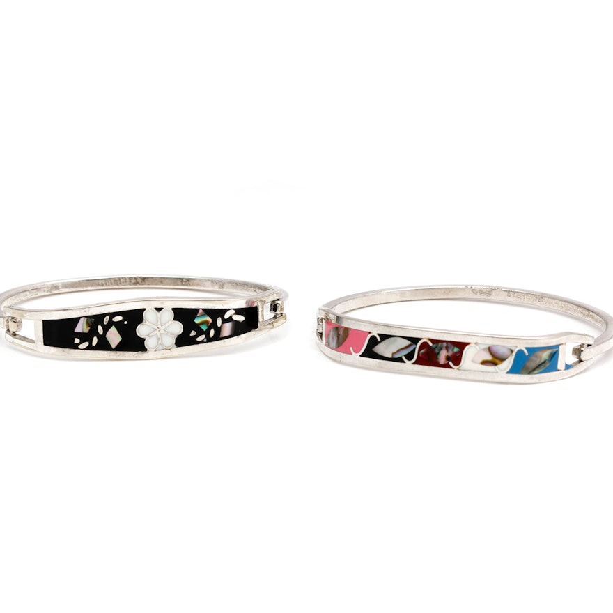Sterling Silver Mother of Pearl and Enamel Bangles