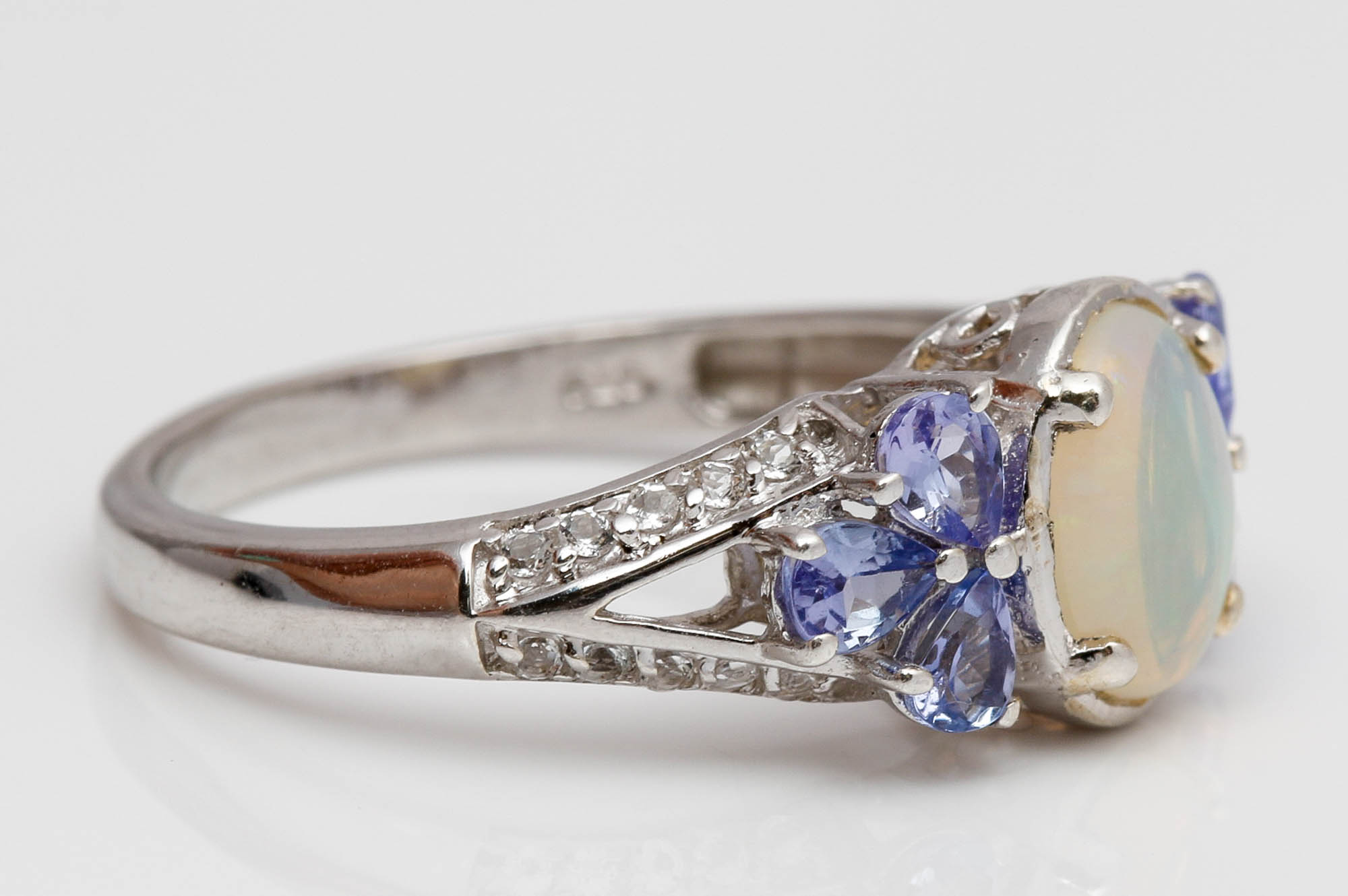 Sterling Silver Opal, Tanzanite, and Cubic Zirconia Ring