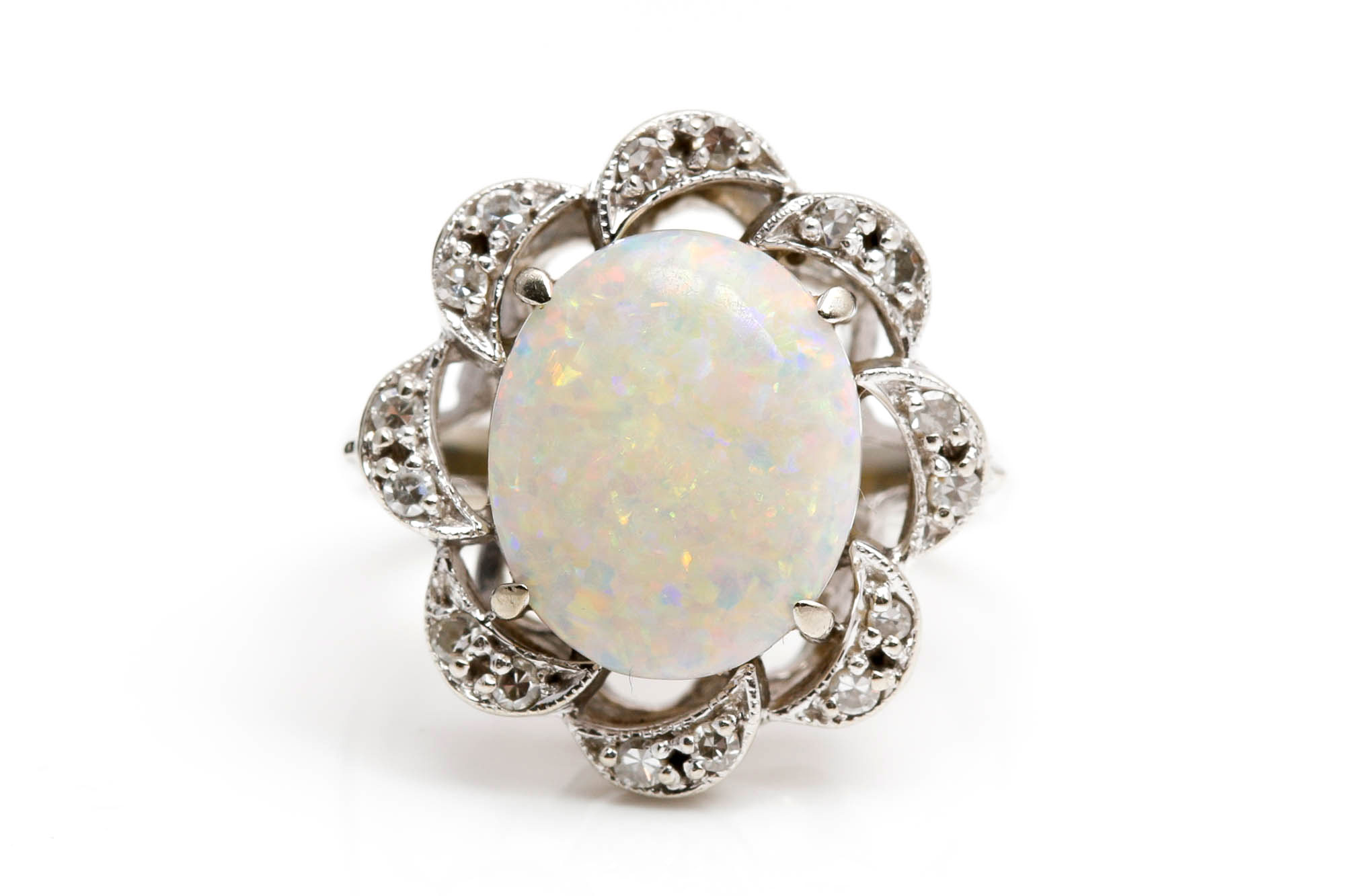14K White Gold Opal and Diamond Ring