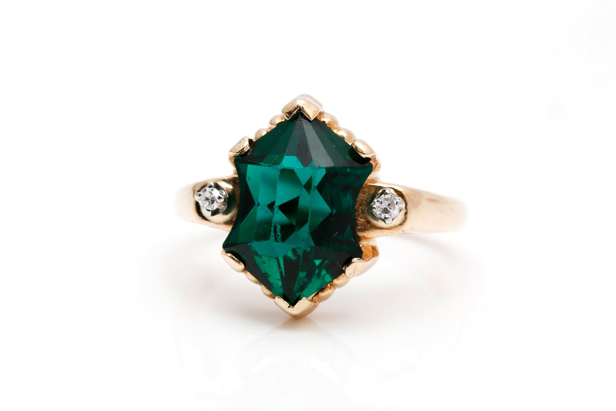14K Yellow Gold Emerald Colored Glass and Diamond Ring