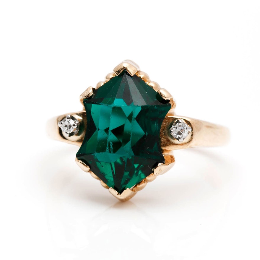 14K Yellow Gold Emerald Colored Glass and Diamond Ring