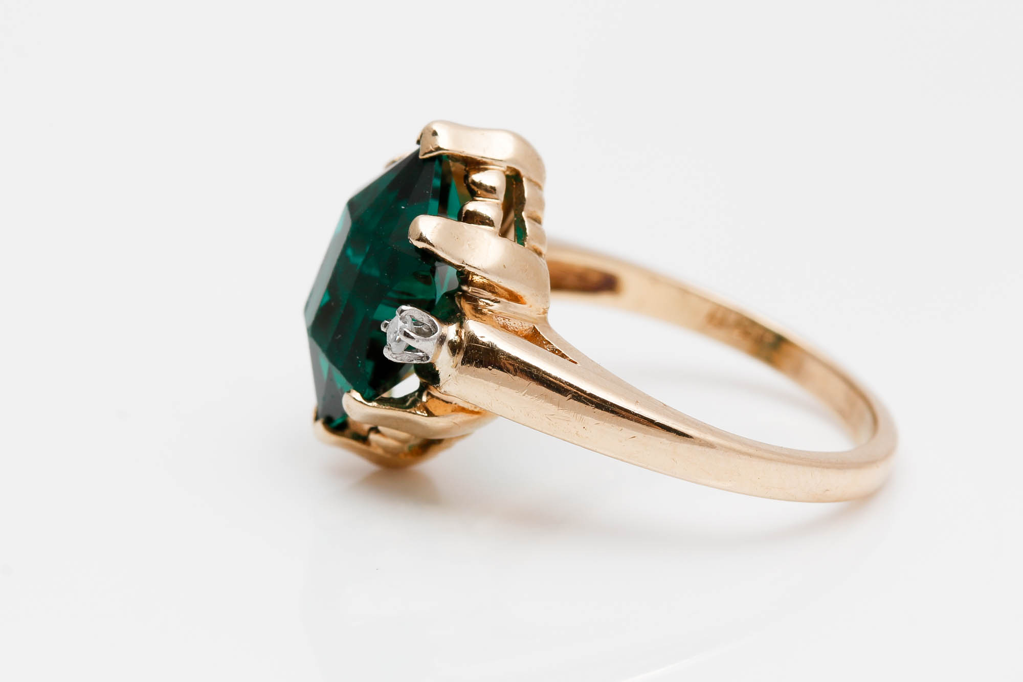 14K Yellow Gold Emerald Colored Glass and Diamond Ring