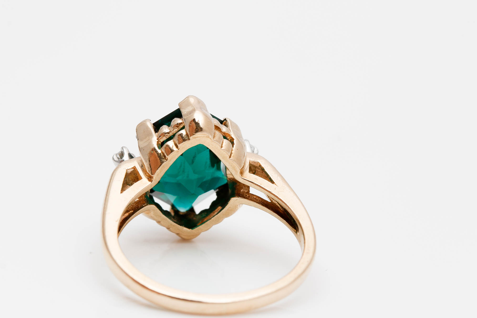 14K Yellow Gold Emerald Colored Glass and Diamond Ring