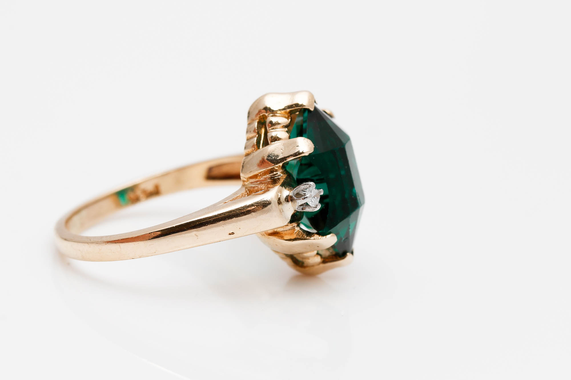 14K Yellow Gold Emerald Colored Glass and Diamond Ring