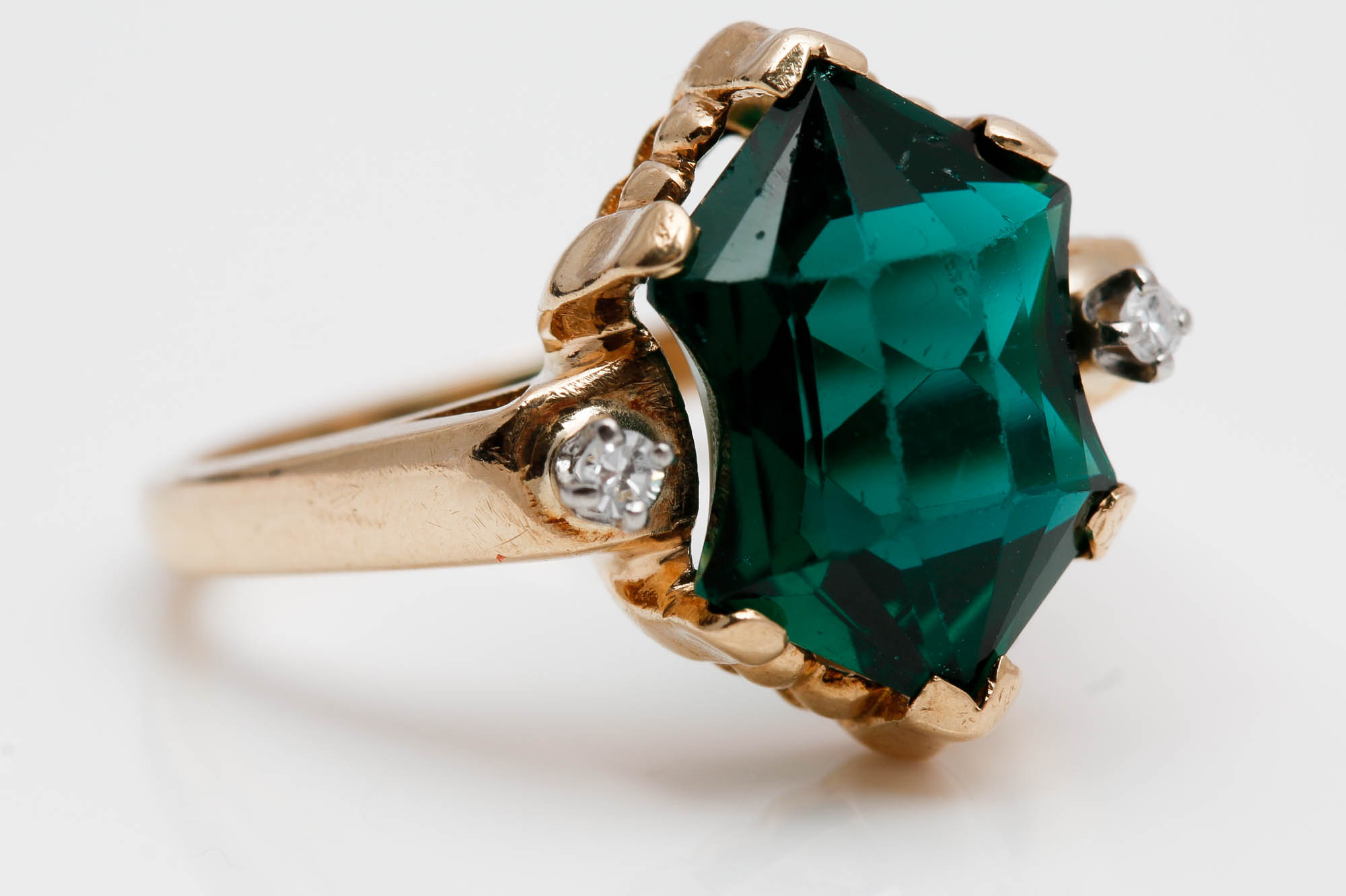 14K Yellow Gold Emerald Colored Glass and Diamond Ring