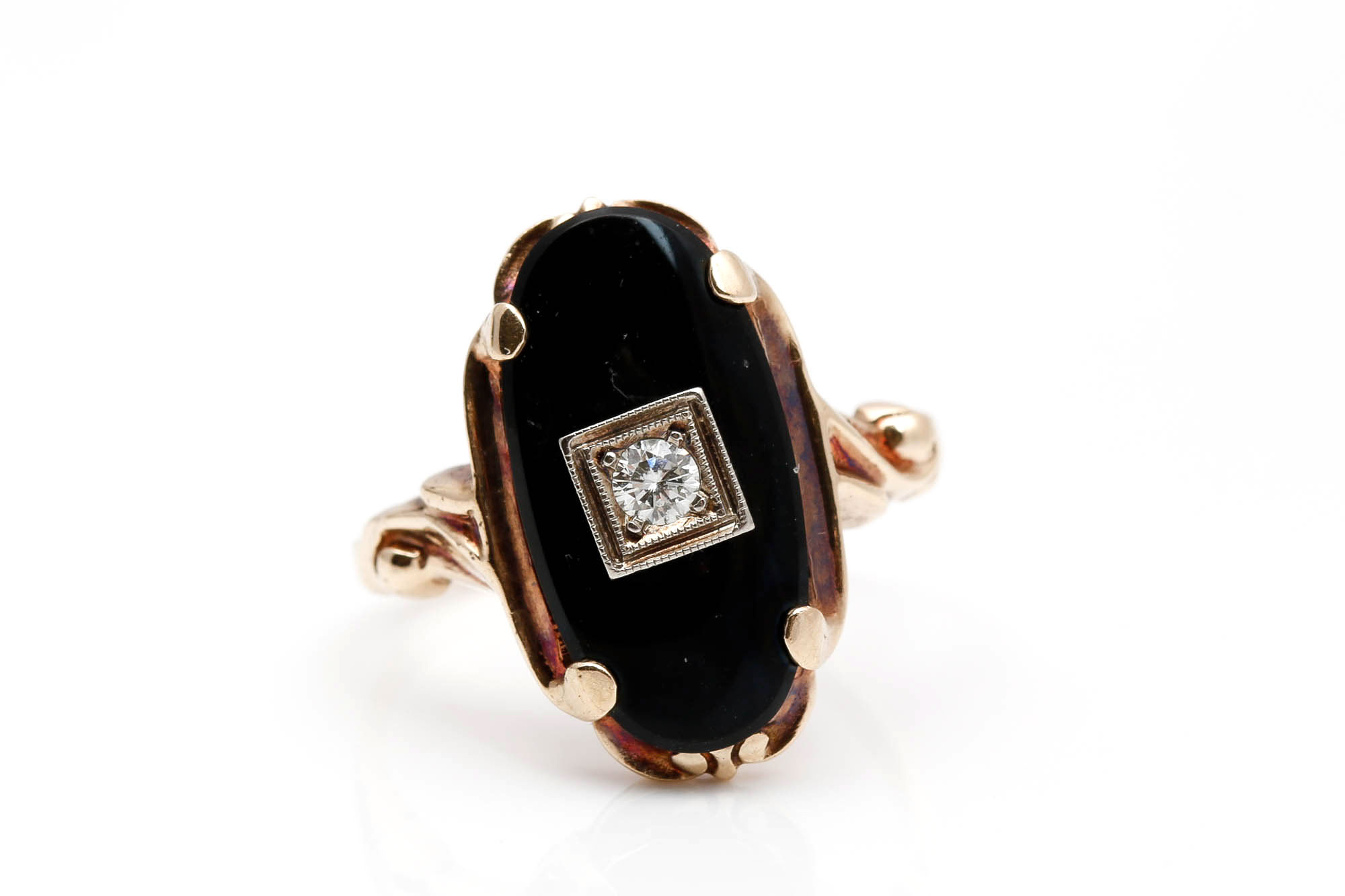 14K Yellow Gold Onyx and Diamond Ring
