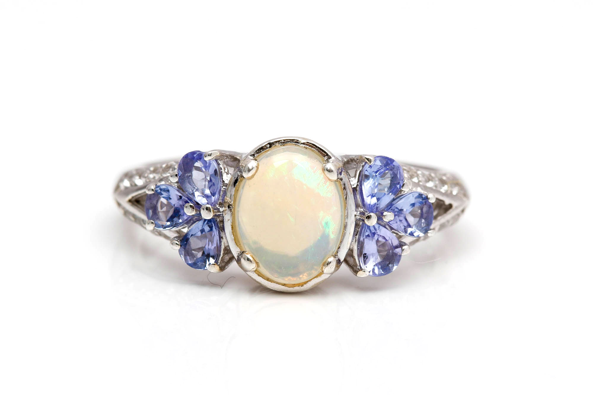 Sterling Silver Opal, Tanzanite, and Cubic Zirconia Ring