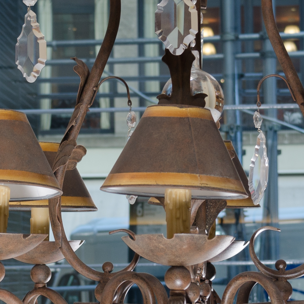 Eight Arm Metal and Glass Chandelier