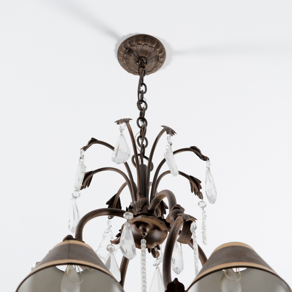 Eight Arm Metal and Glass Chandelier