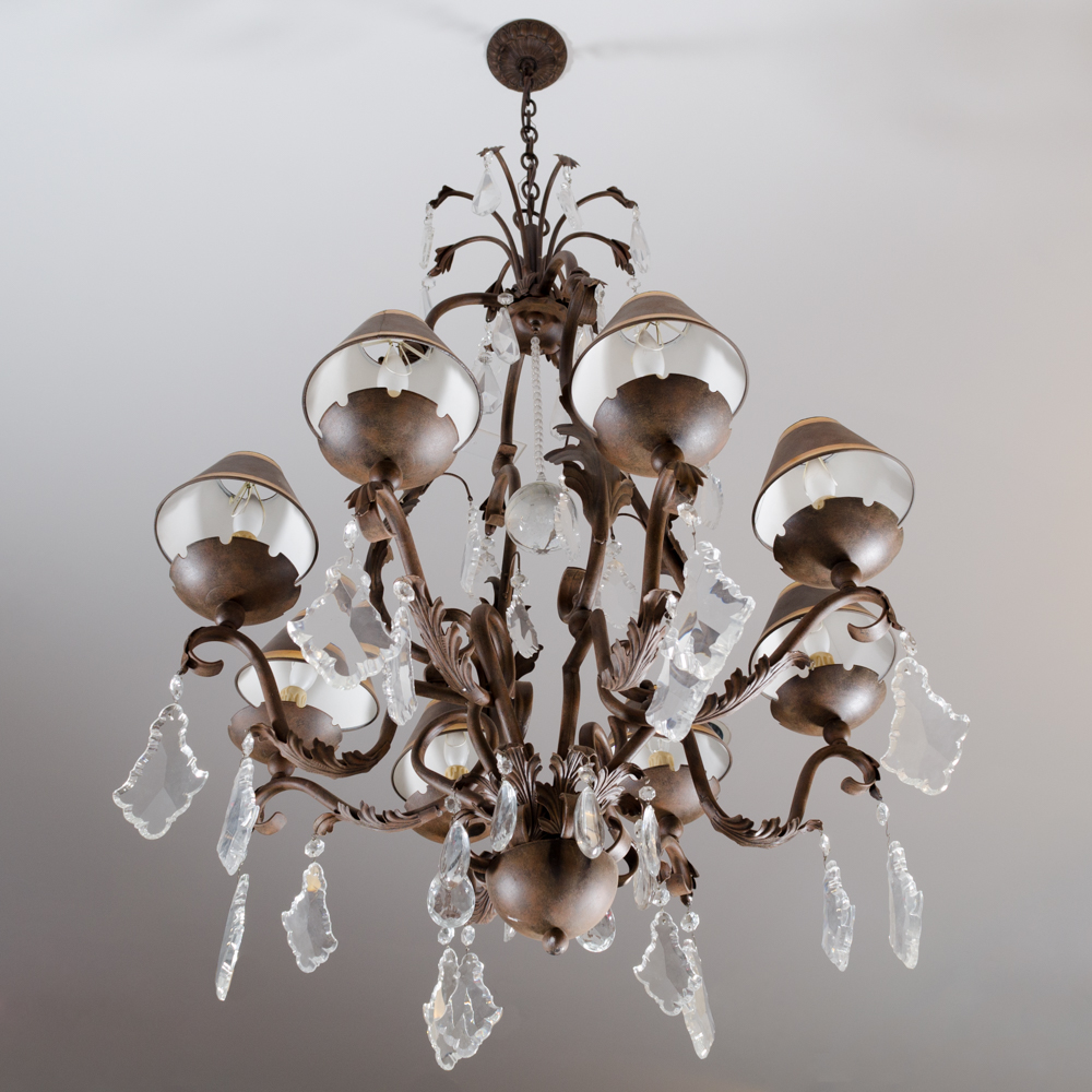 Eight Arm Metal and Glass Chandelier