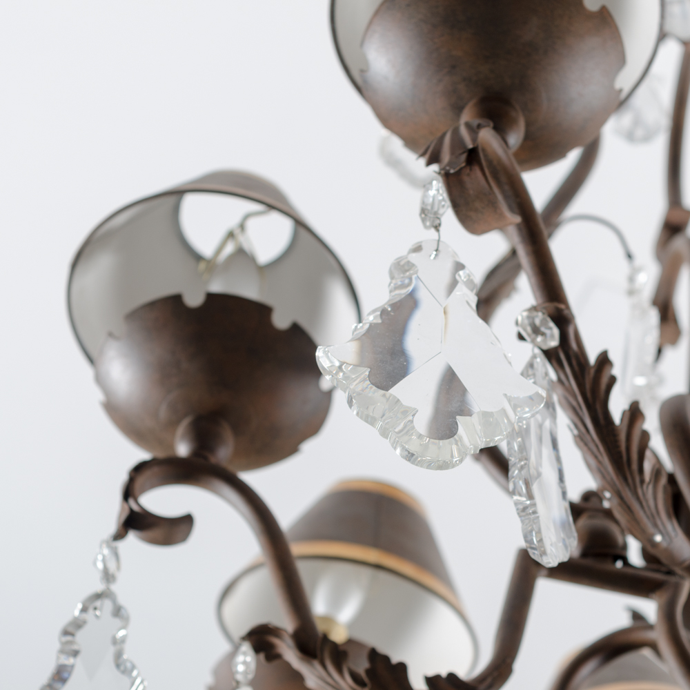 Eight Arm Metal and Glass Chandelier