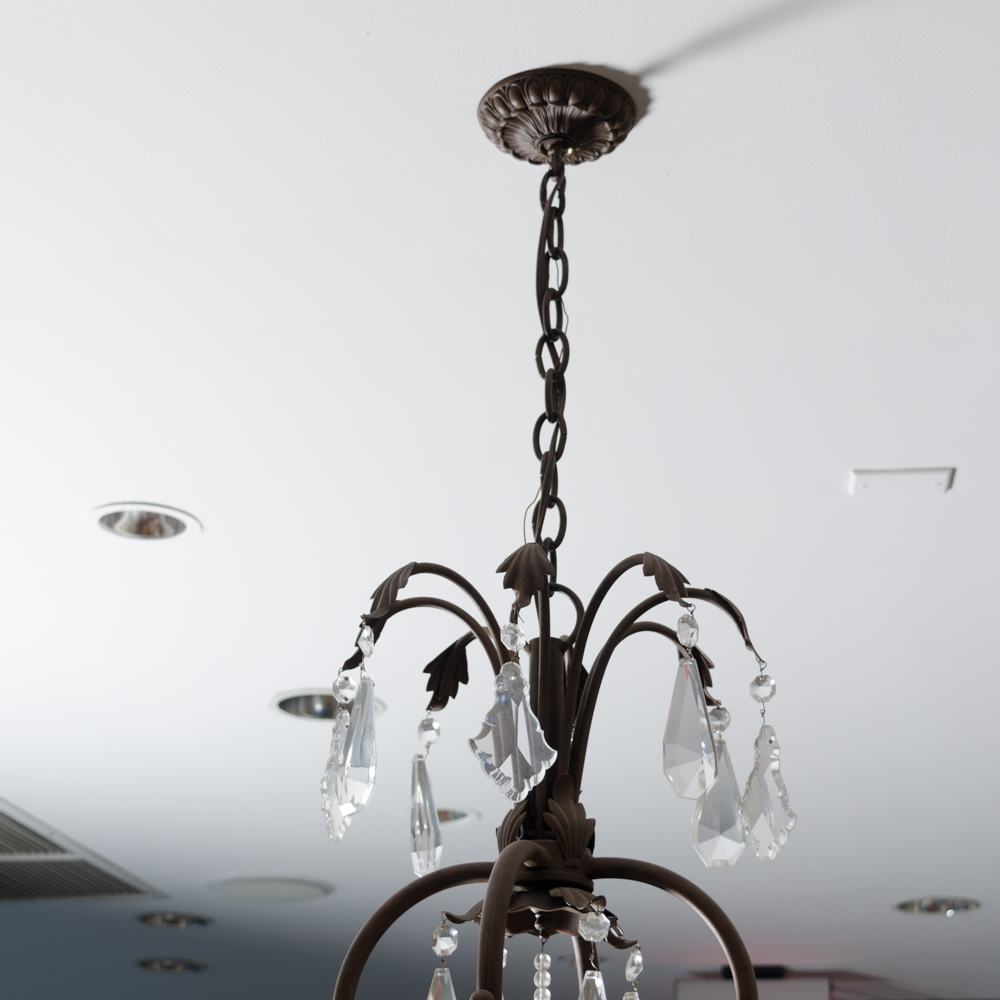 Eight Arm Metal and Glass Chandelier