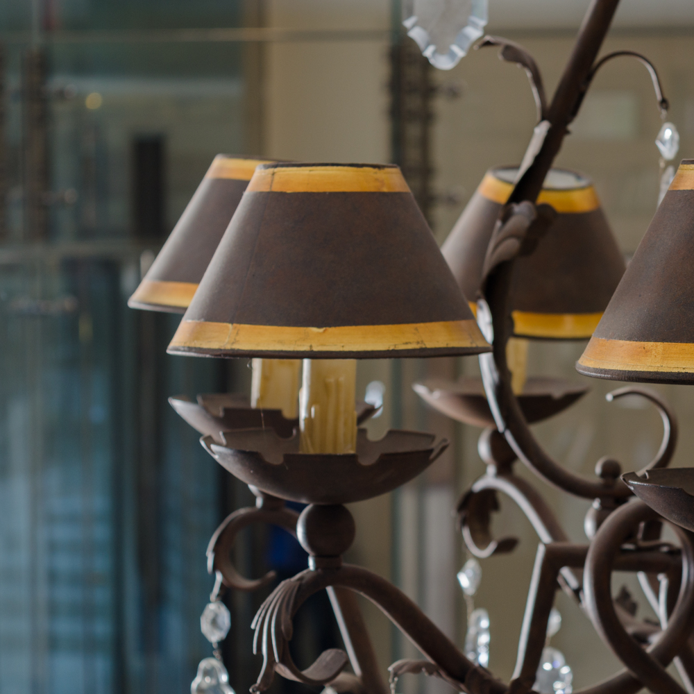 Eight Arm Metal and Glass Chandelier