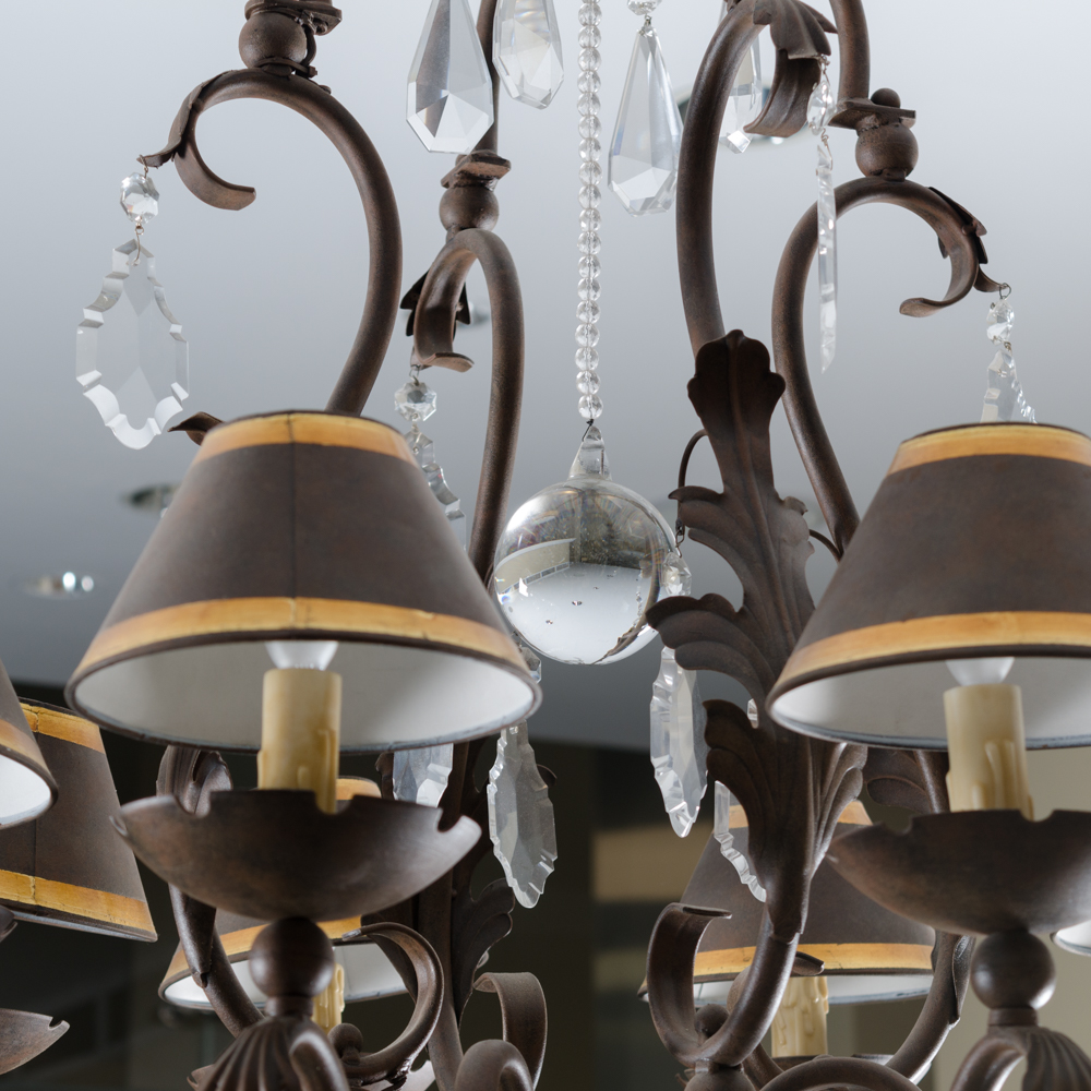 Eight Arm Metal and Glass Chandelier