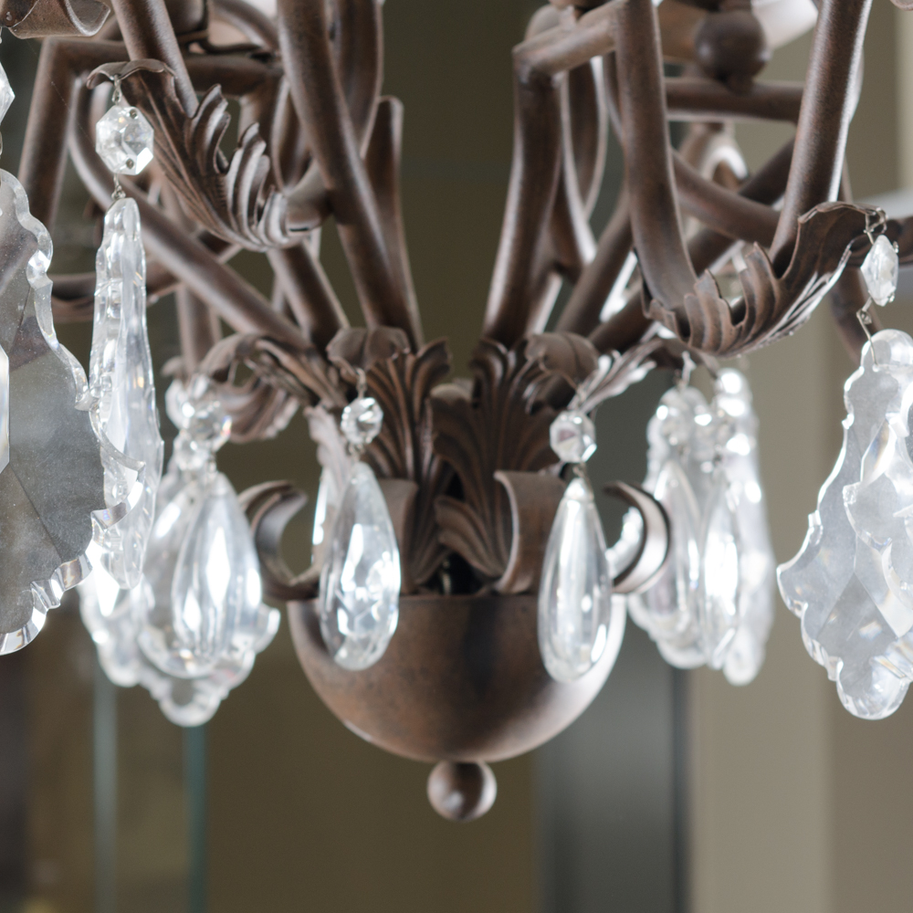 Eight Arm Metal and Glass Chandelier